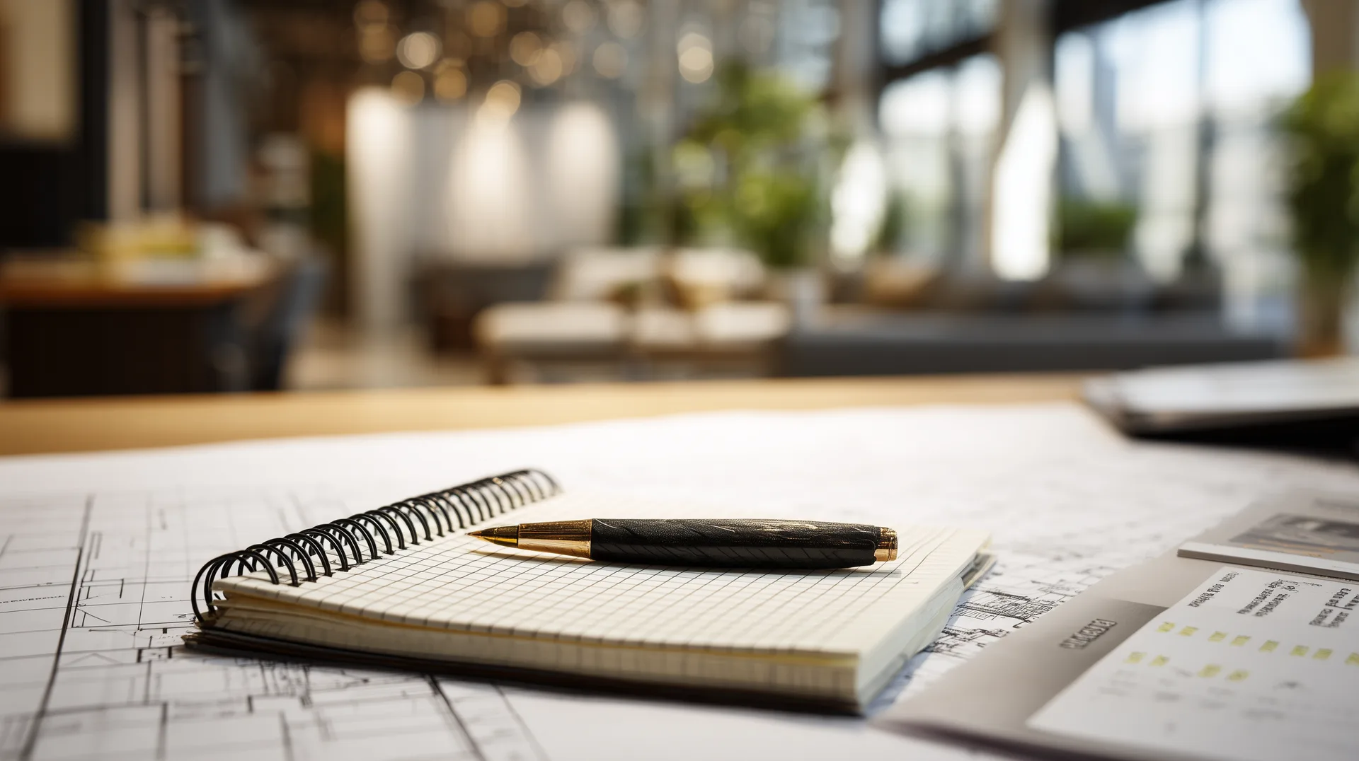 Notepad and pen resting on architectural floor plans in a design center