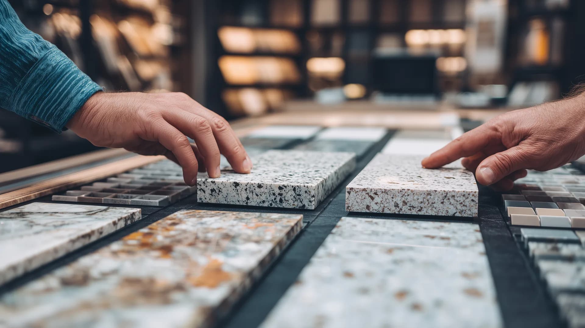 Two hands comparing quartz countertop samples side by side on a showroom table
