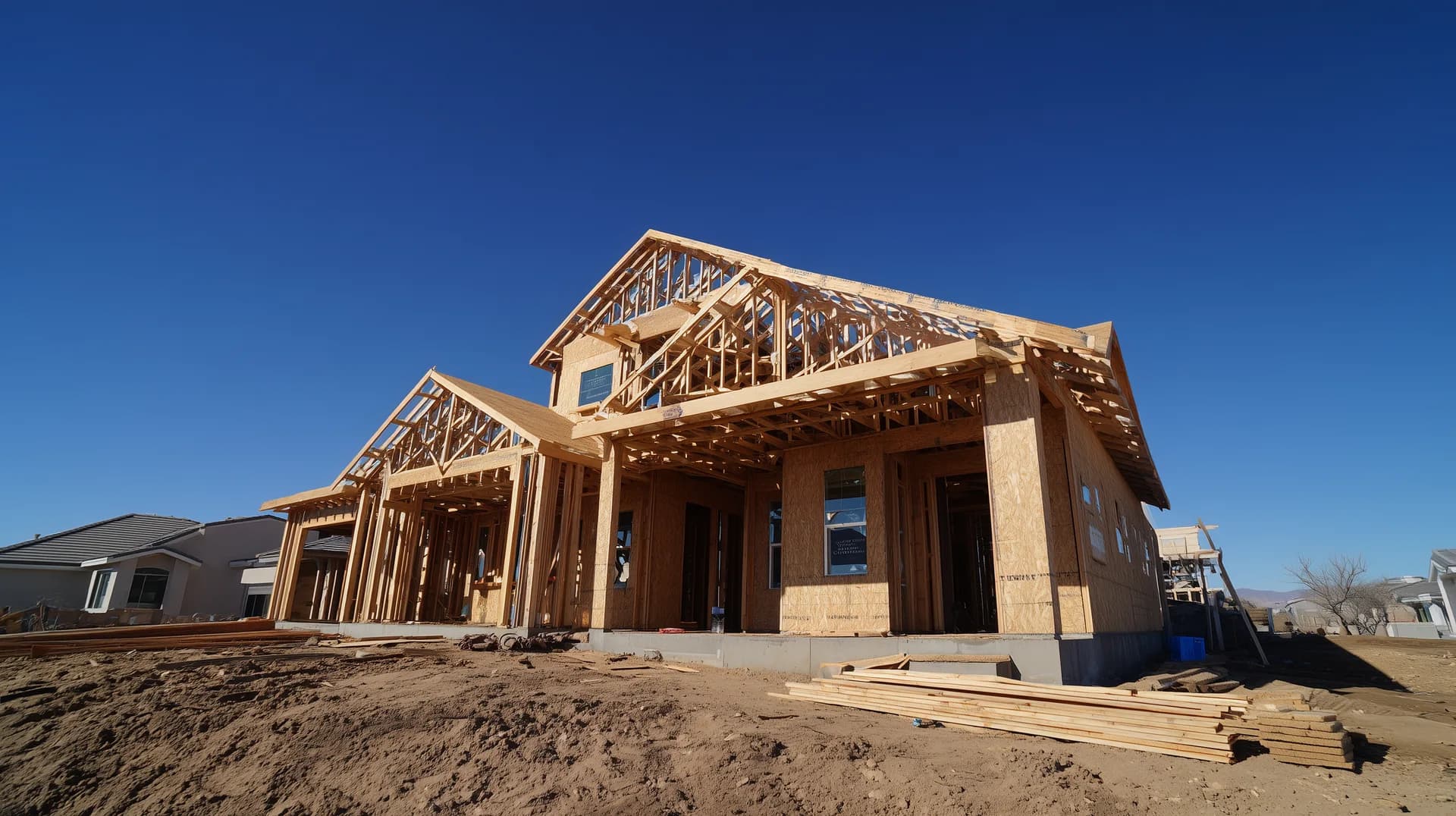 Two-story home under construction with exposed wood framing and lumber on lot