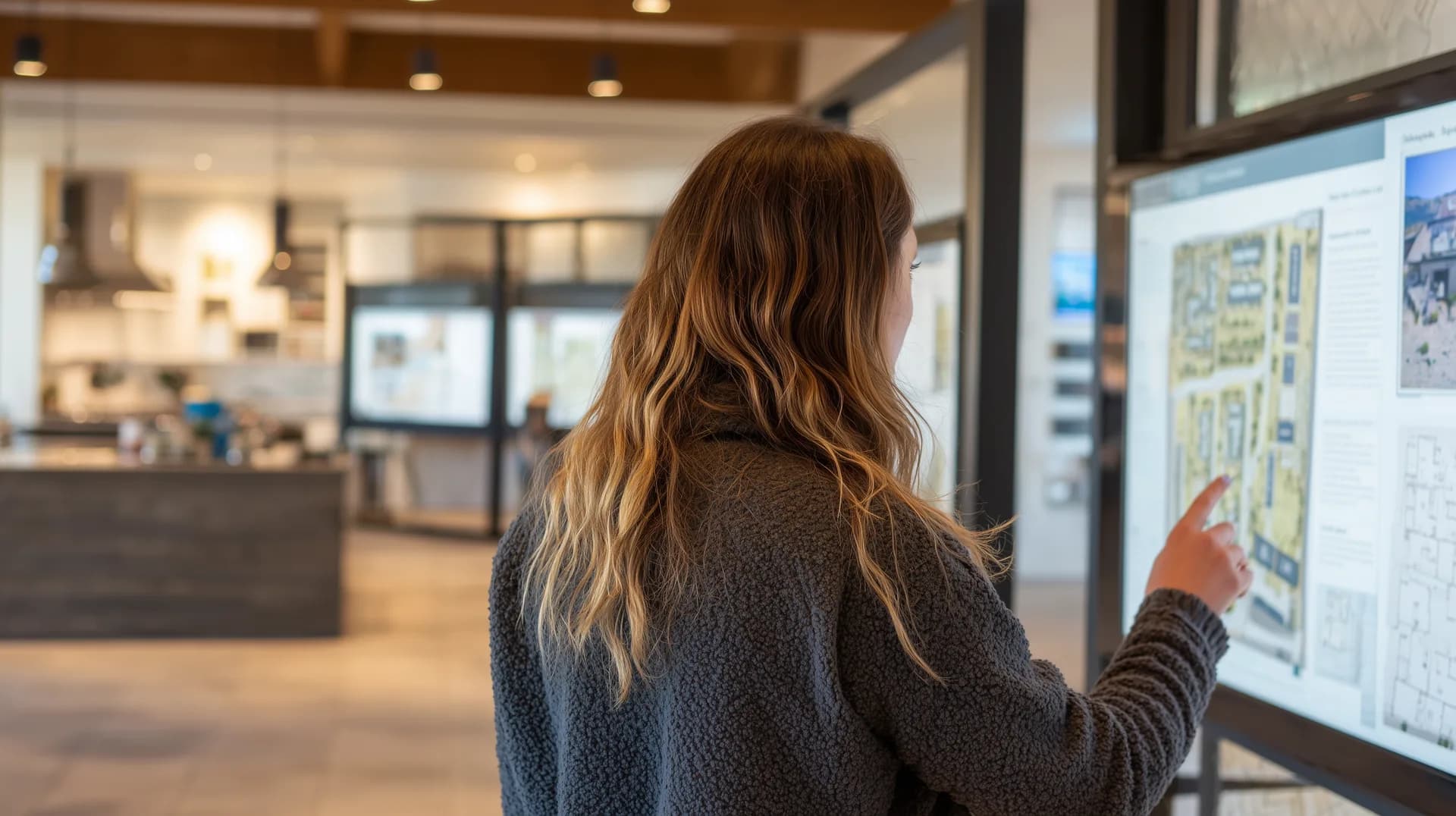 Buyer pointing at a community site map display in a builder sales center