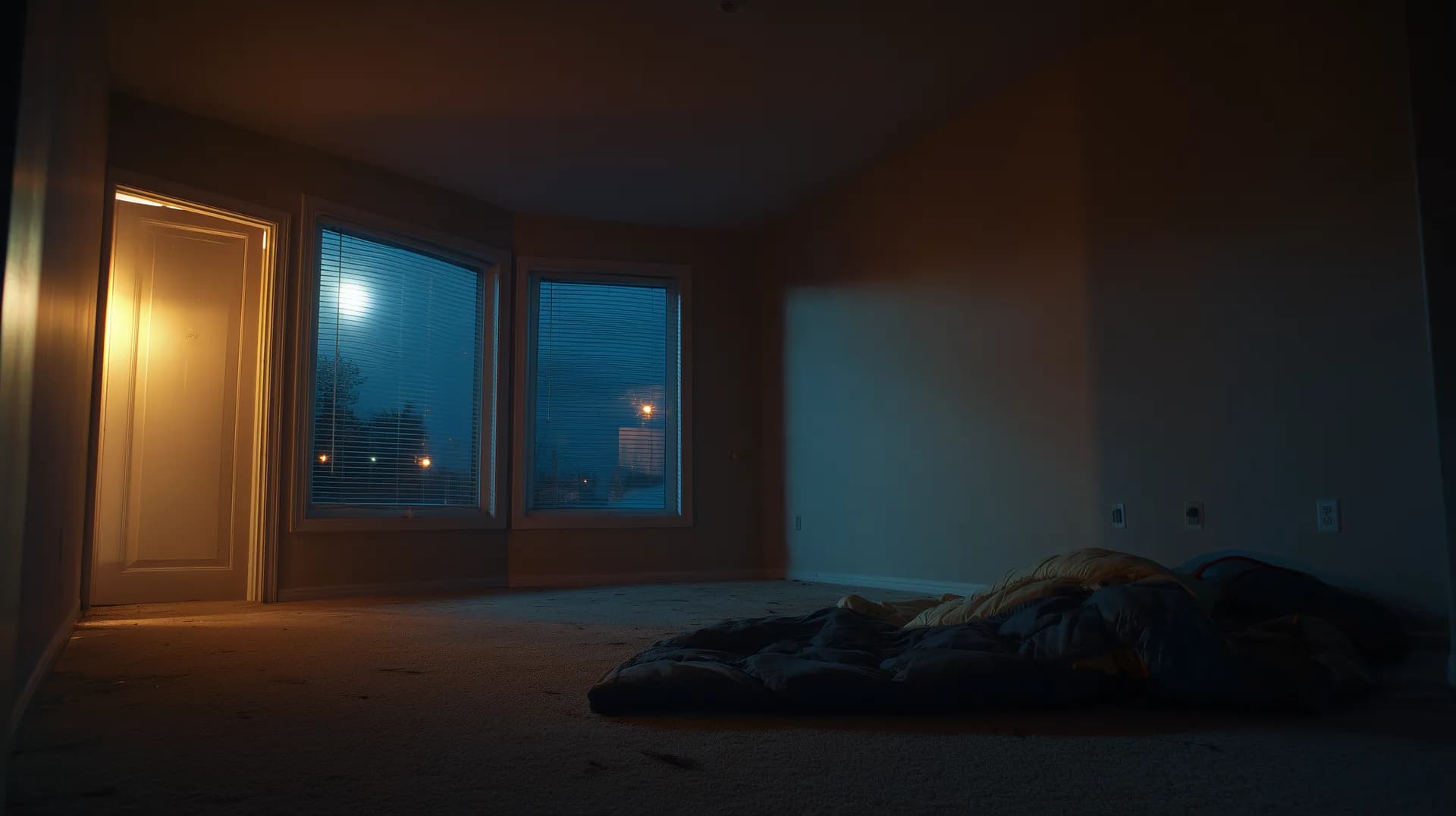 Empty new construction bedroom at night with no window coverings and sleeping bag on floor