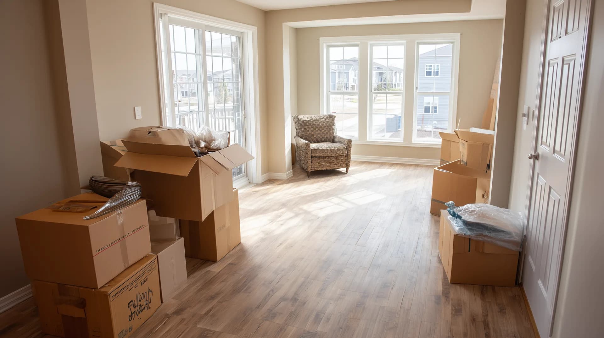 Partially furnished new construction living room with moving boxes still scattered
