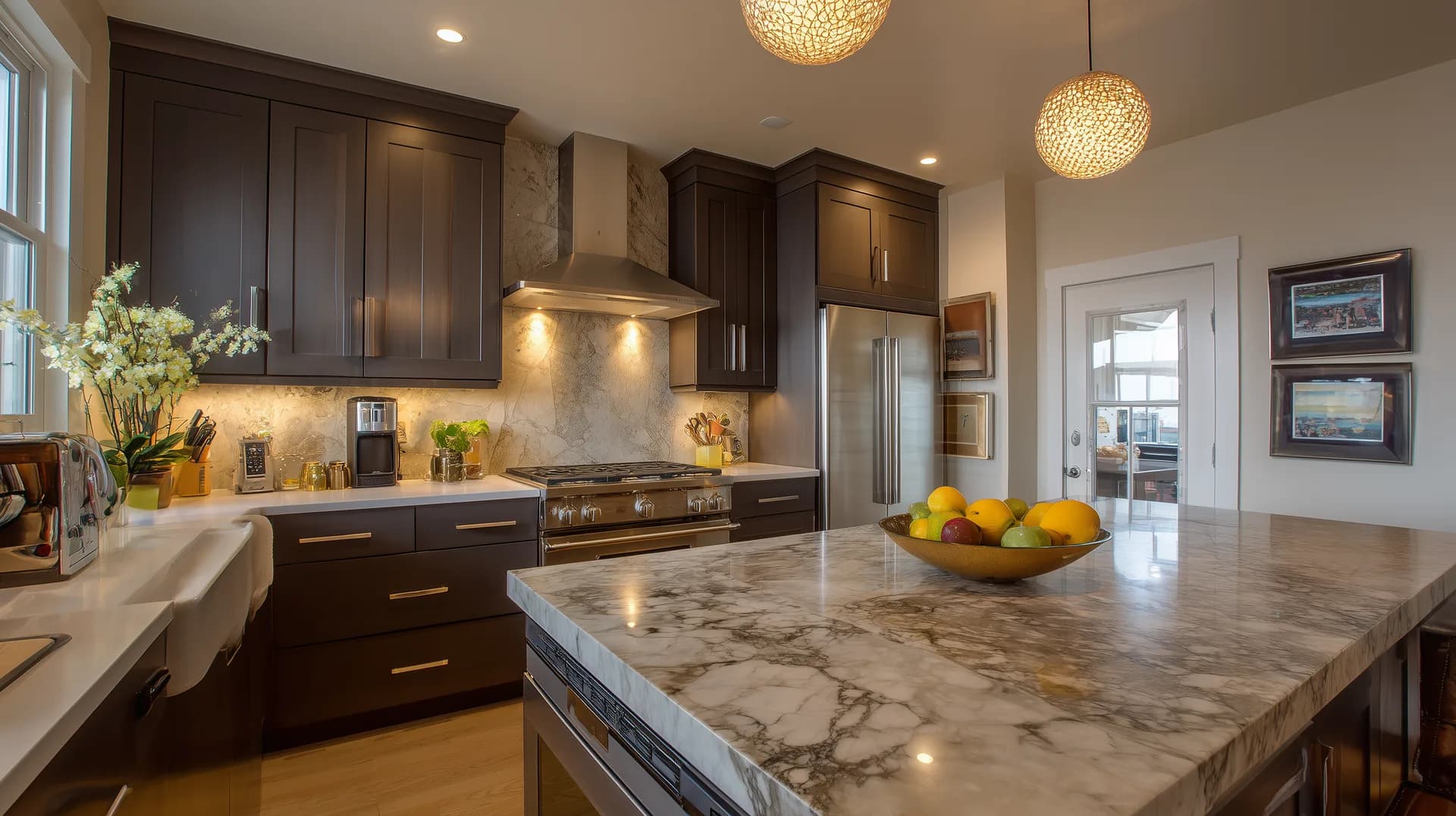 Fully settled new construction kitchen 90 days after closing with dark cabinetry and pendant lighting