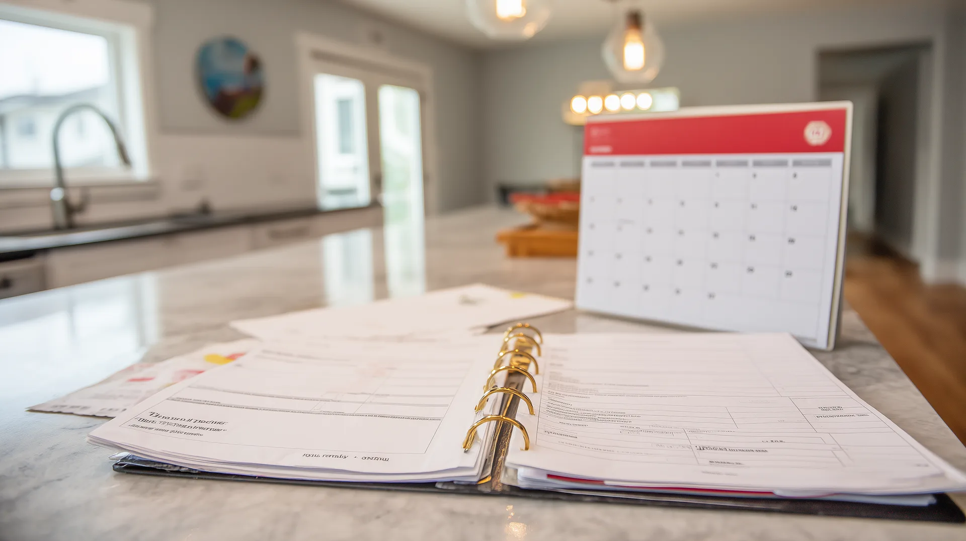 Builder warranty binder and documents laid out on a kitchen counter with wall calendar