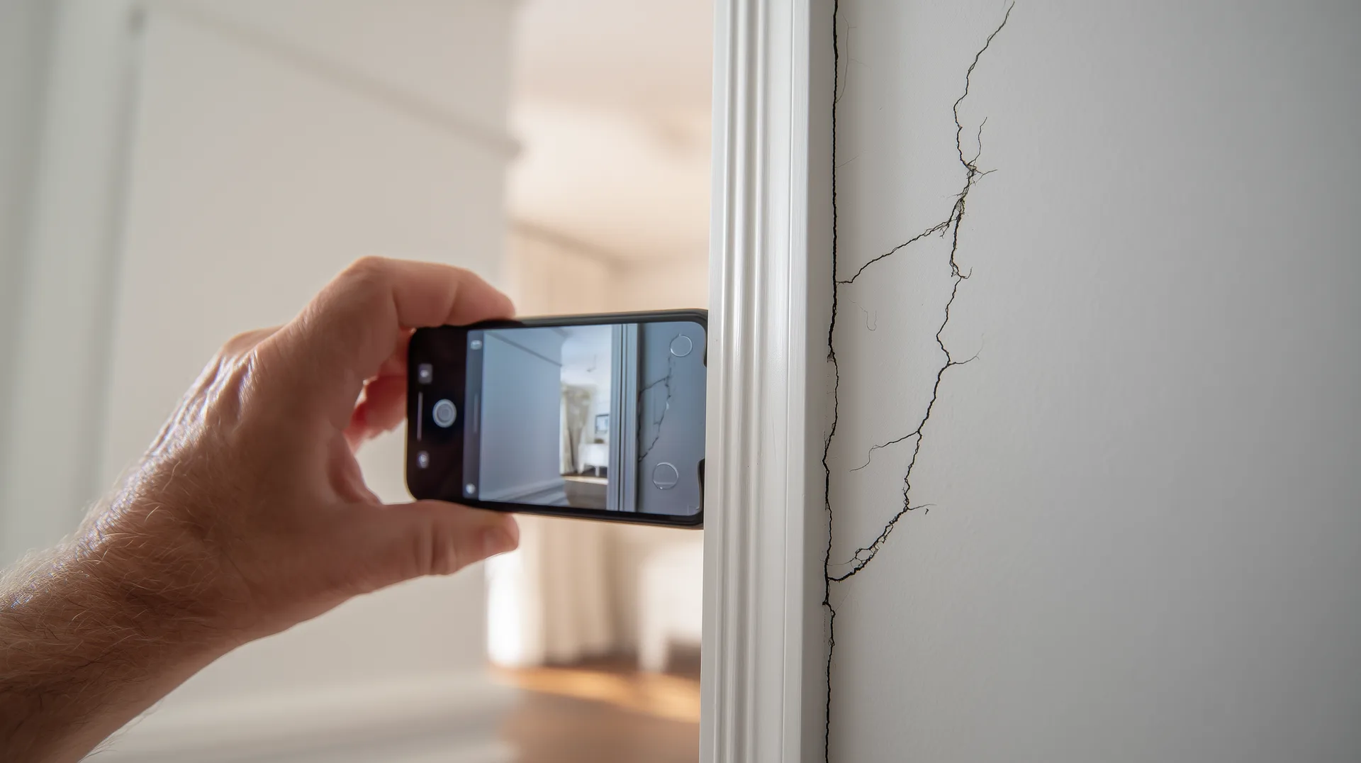 Hand photographing a hairline crack at a door frame with smartphone