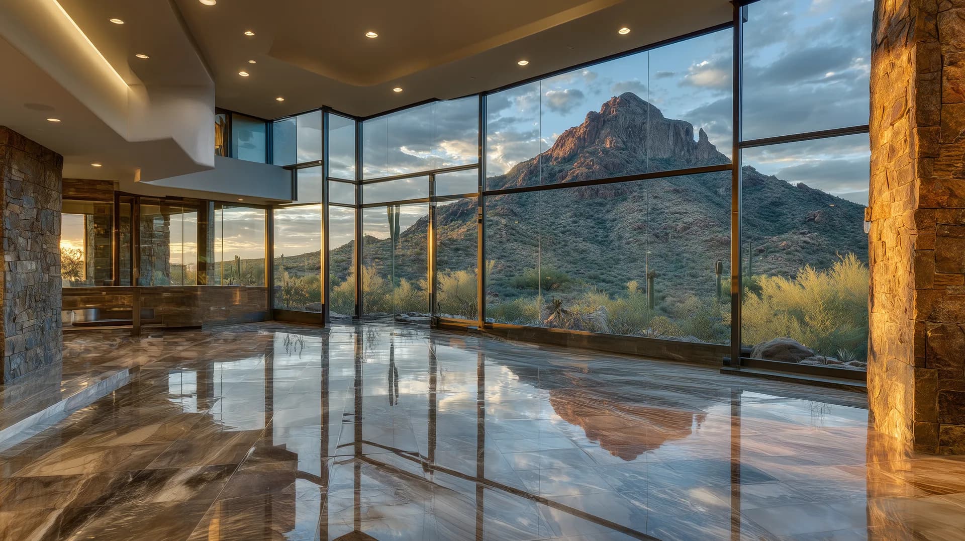 New construction home interior with floor-to-ceiling glass walls framing Arizona mountain sunset