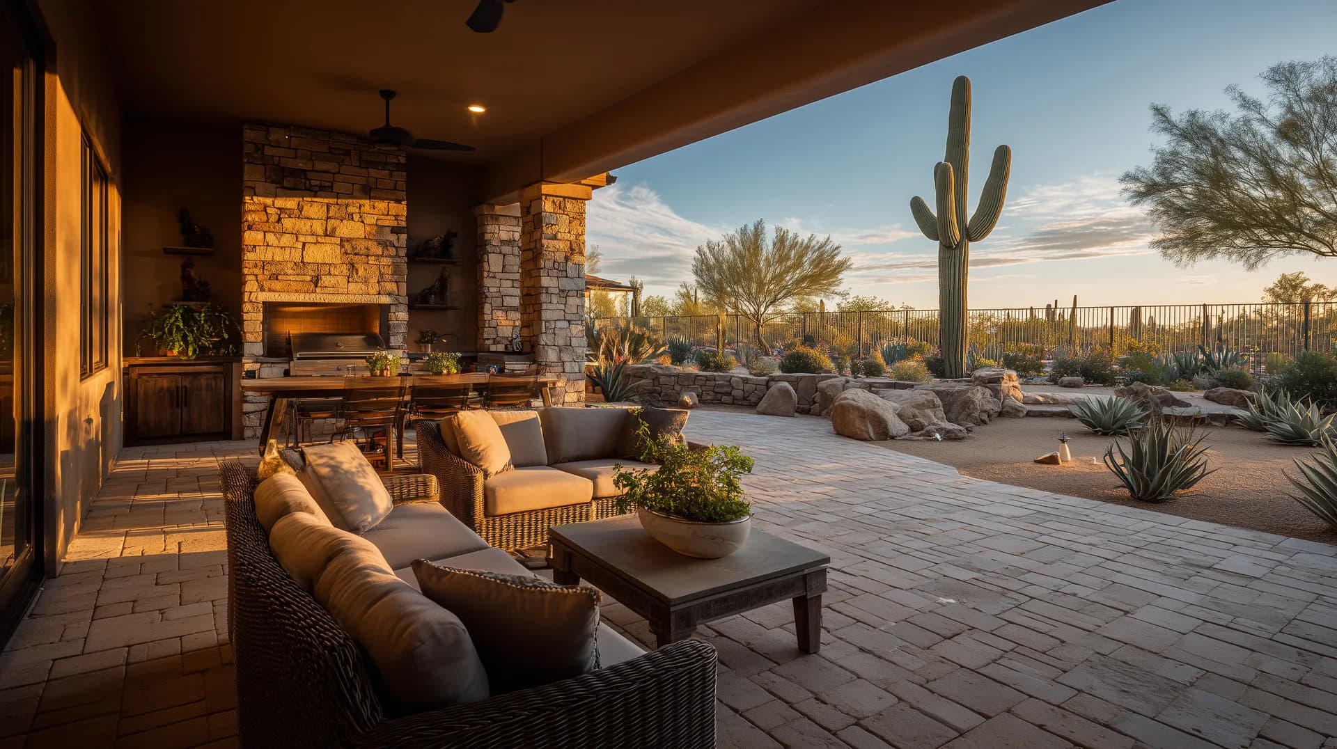 Covered outdoor living space of a new Phoenix home with stone fireplace and saguaro cactus at dusk