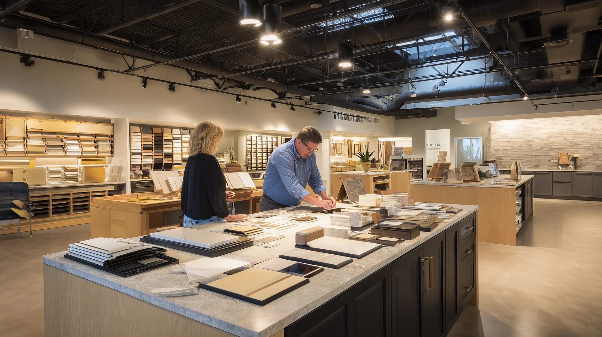 Builder design center showroom with two people reviewing material samples at a large island