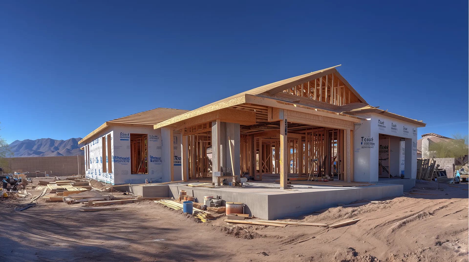 New construction home at framing stage in the desert Southwest with mountains in background