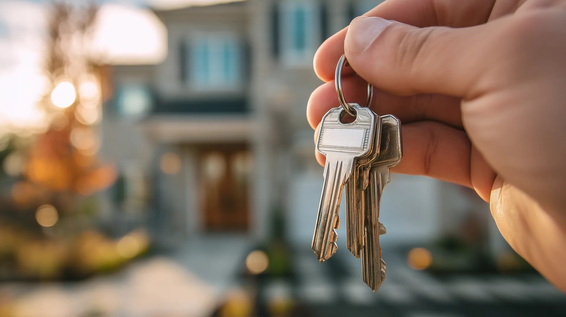 Hand holding new home keys in front of a new construction home at golden hour