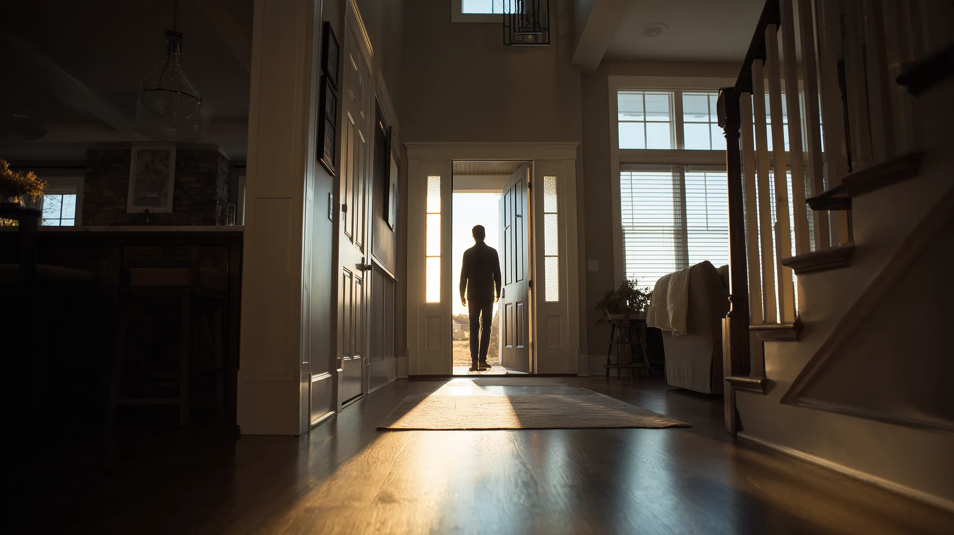 Silhouetted figure standing in the open doorway of a model home with warm light flooding in