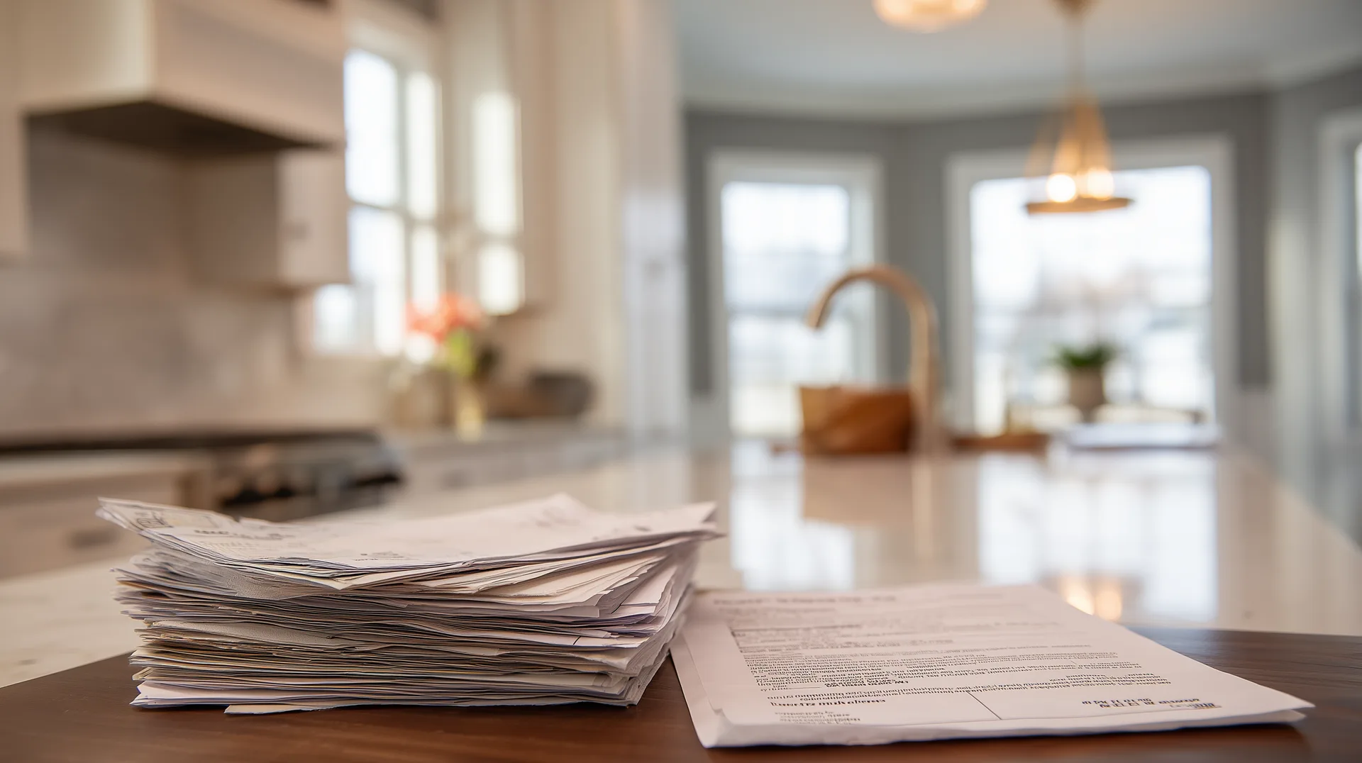 Stack of bills and property tax statements spread across a kitchen counter
