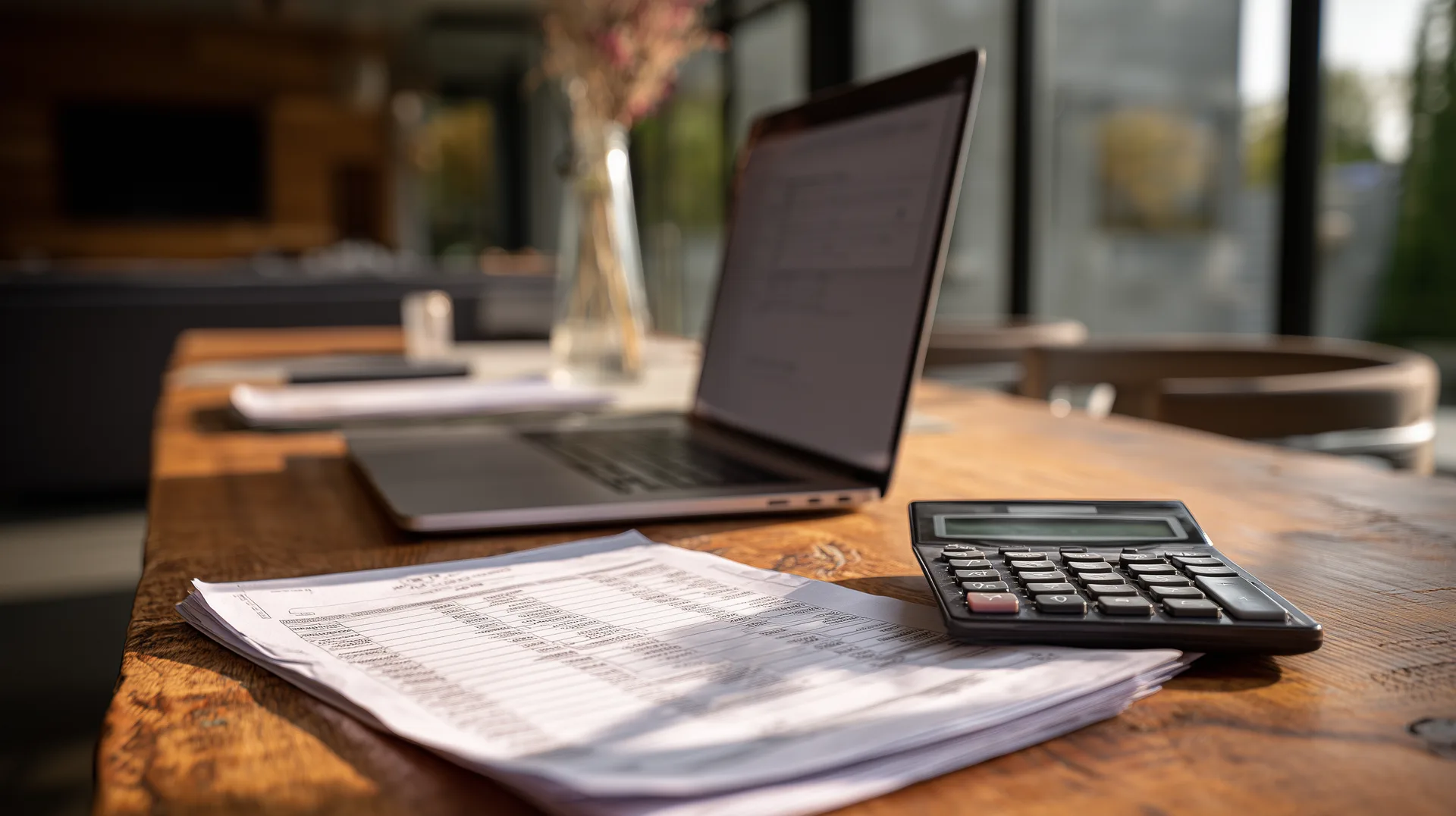 Kitchen table with laptop showing mortgage payment calculator spreadsheet and printed documents