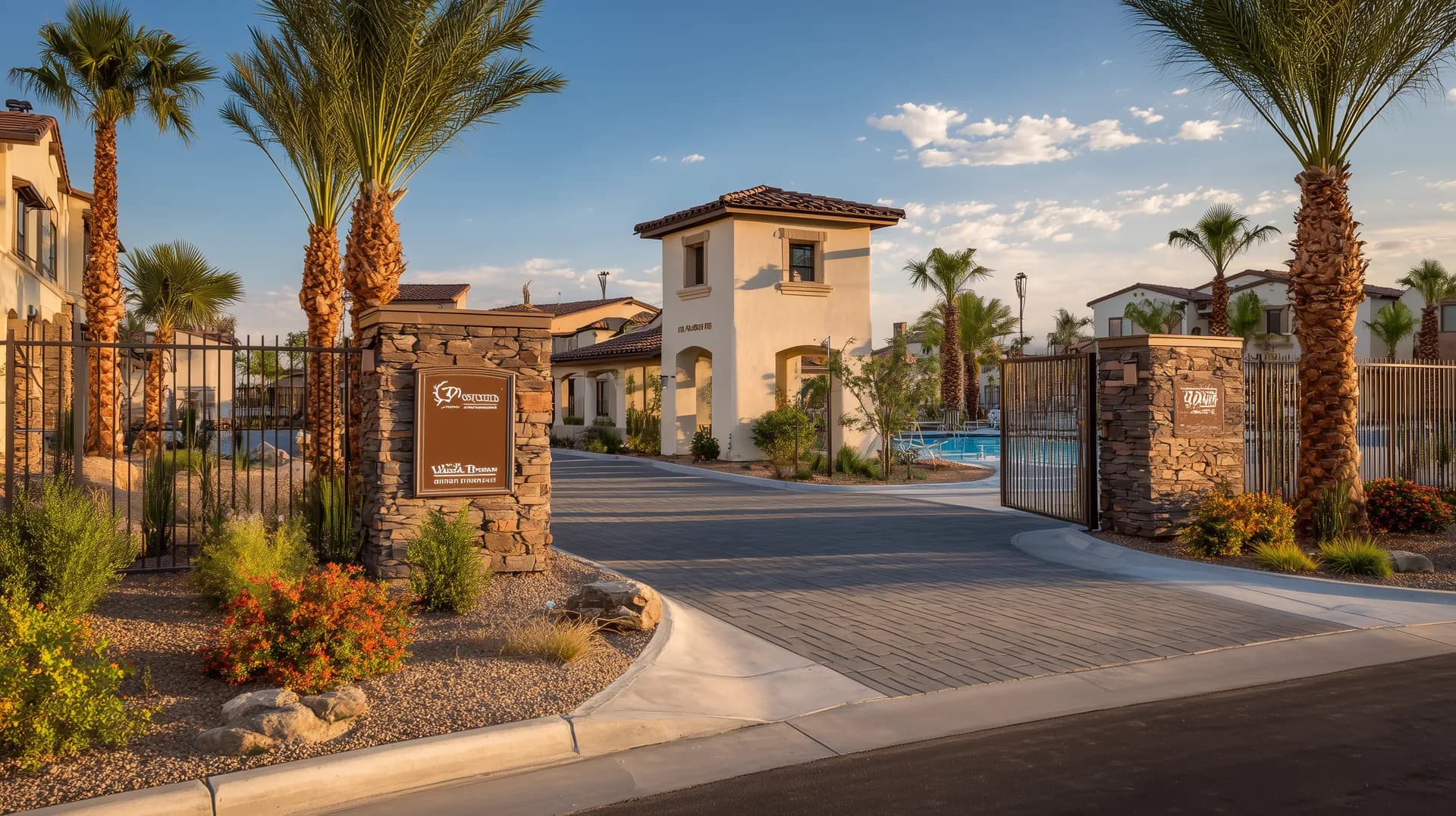 New construction community entrance with resort-style pool palm trees and gated driveway at golden hour