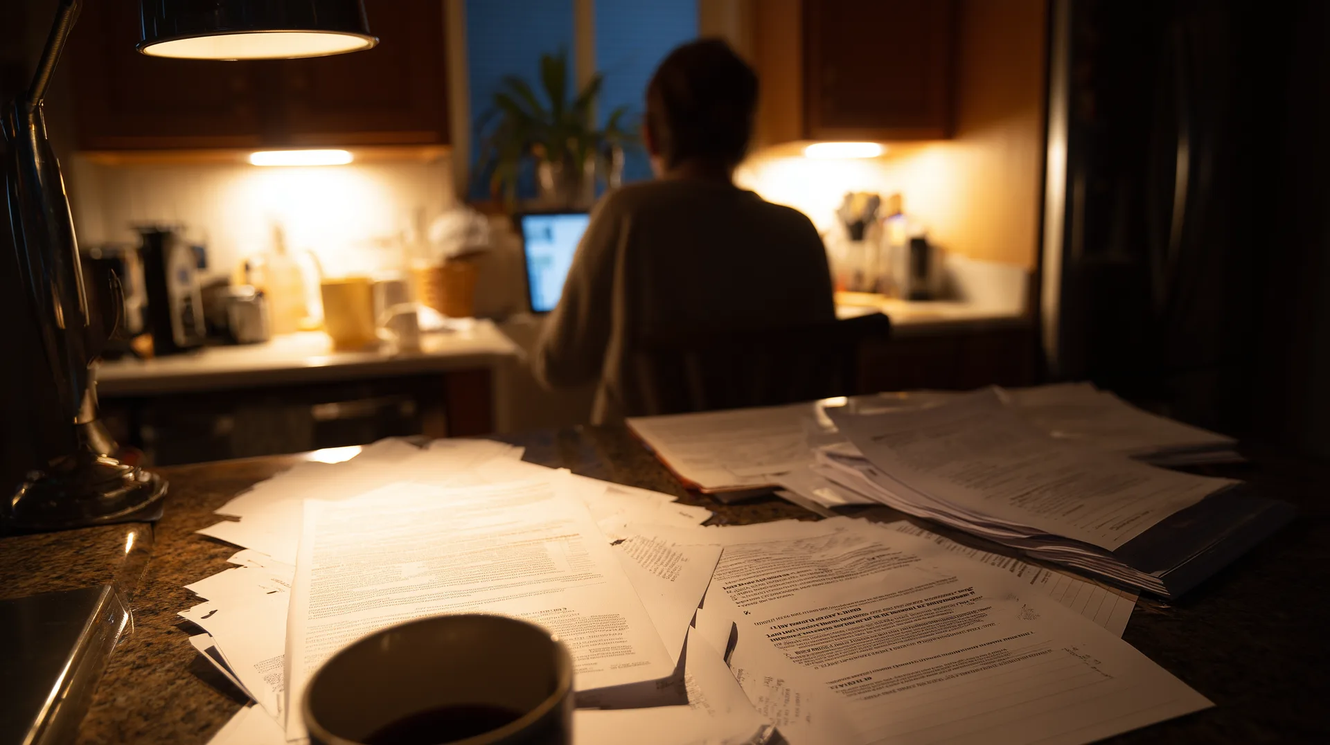 Person reading contract documents at a kitchen counter at night under warm lamp light