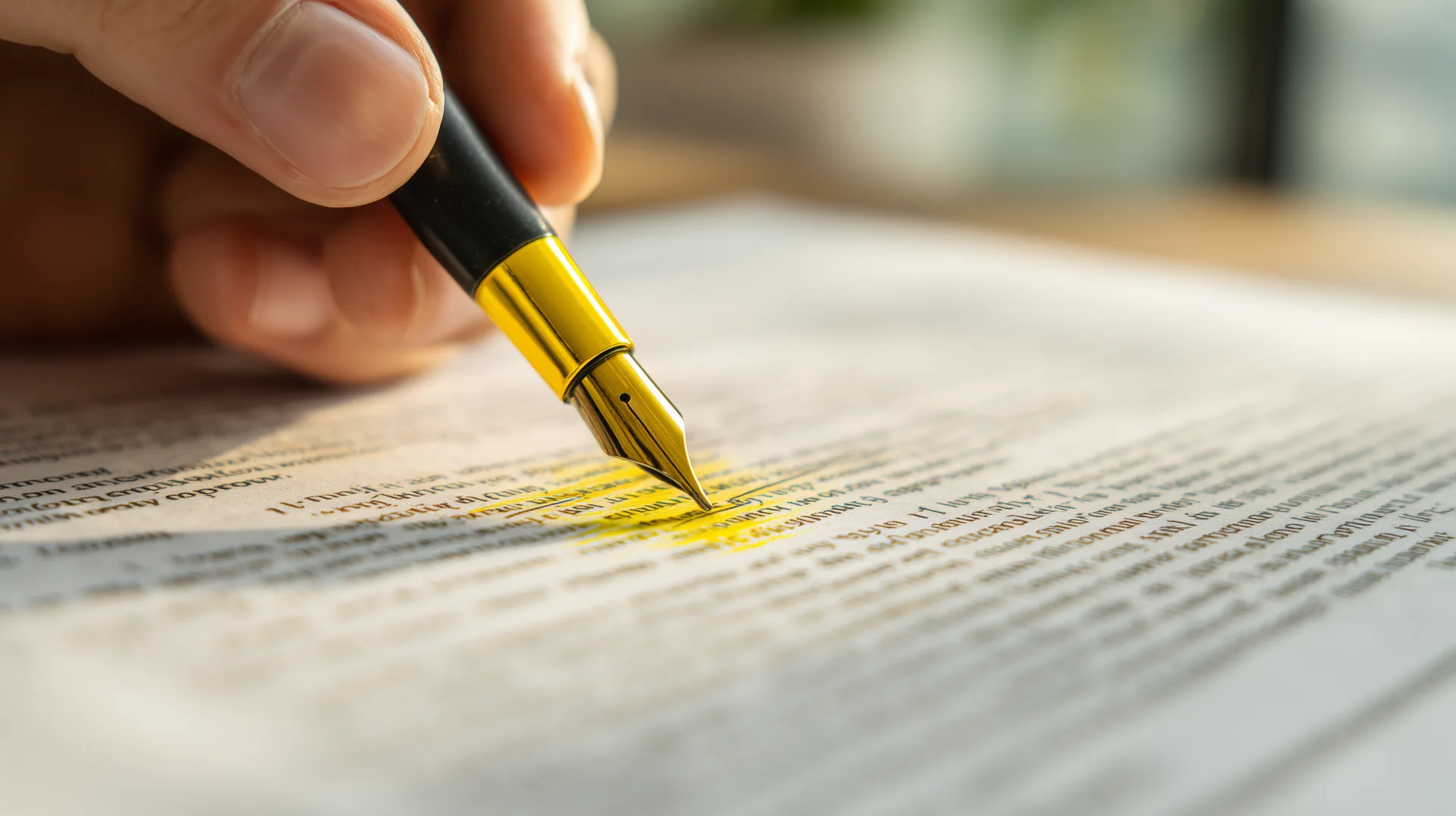 Close-up of a contract clause being highlighted with a fountain pen