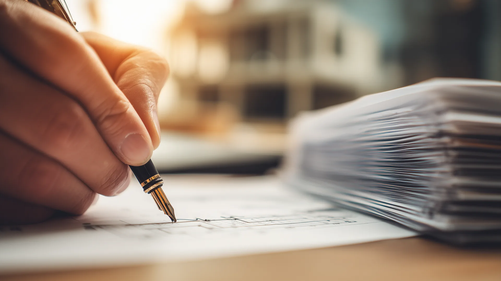 Hand signing a builder purchase agreement at a closing table