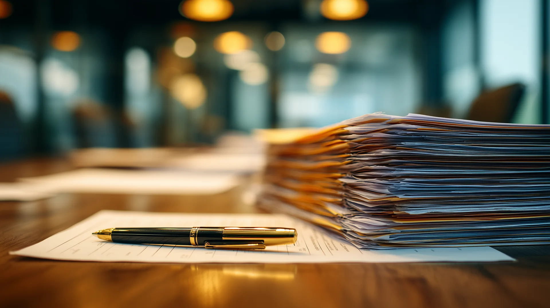 Large stack of builder purchase agreement pages fanned out on a conference table with fountain pen