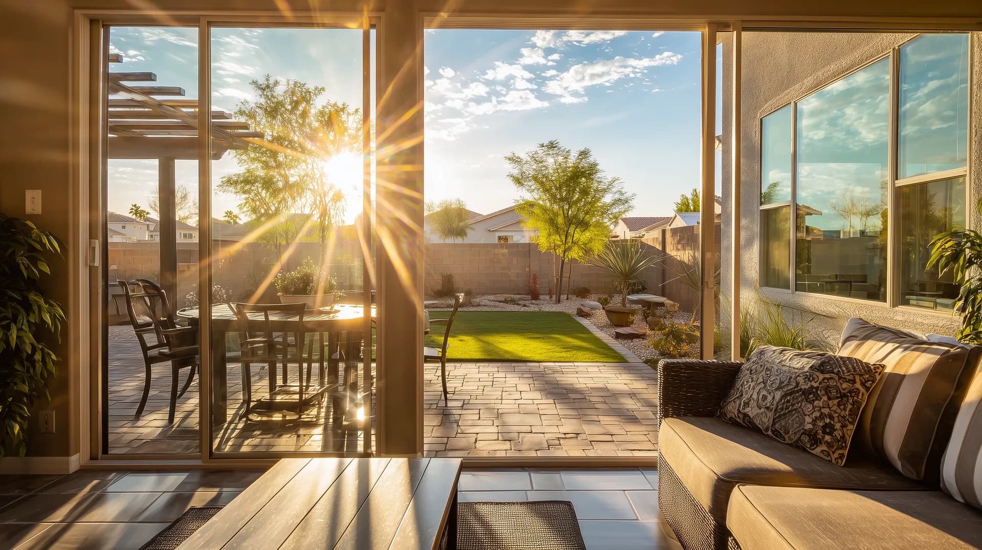 West-facing backyard at 3pm in Arizona summer with harsh afternoon sun pouring through glass doors