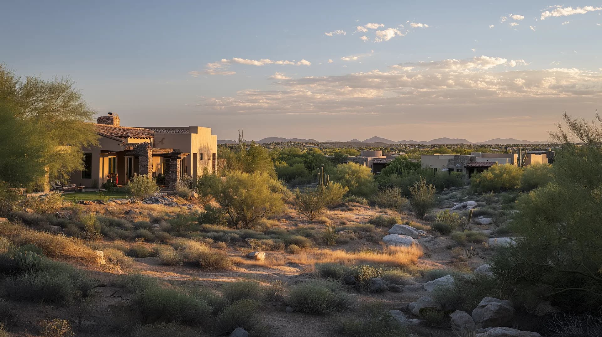 New construction home backing to a natural desert wash with no rear neighbors and mountain views