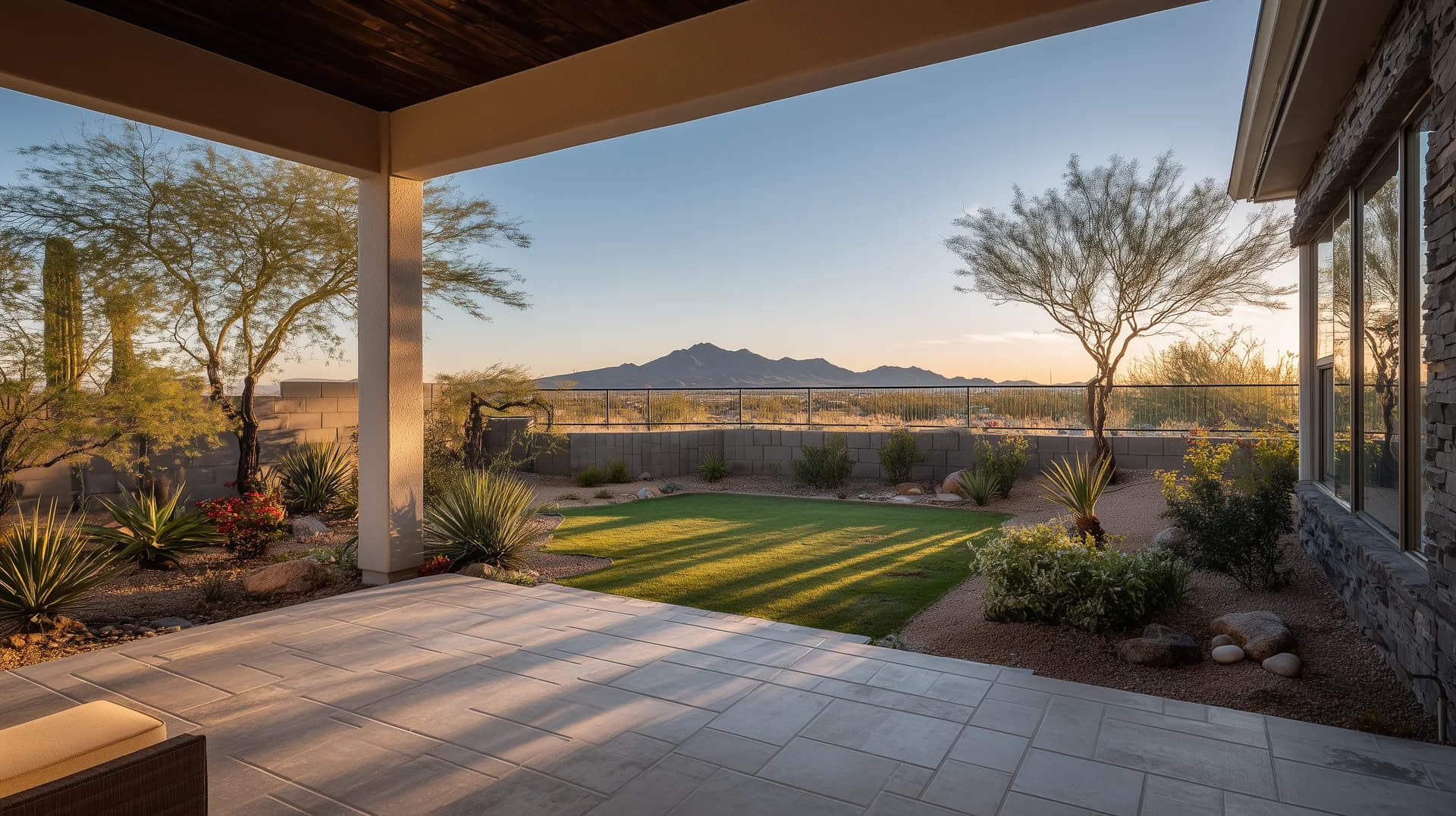 North-facing backyard of a new construction home in shade with covered patio and mountain views