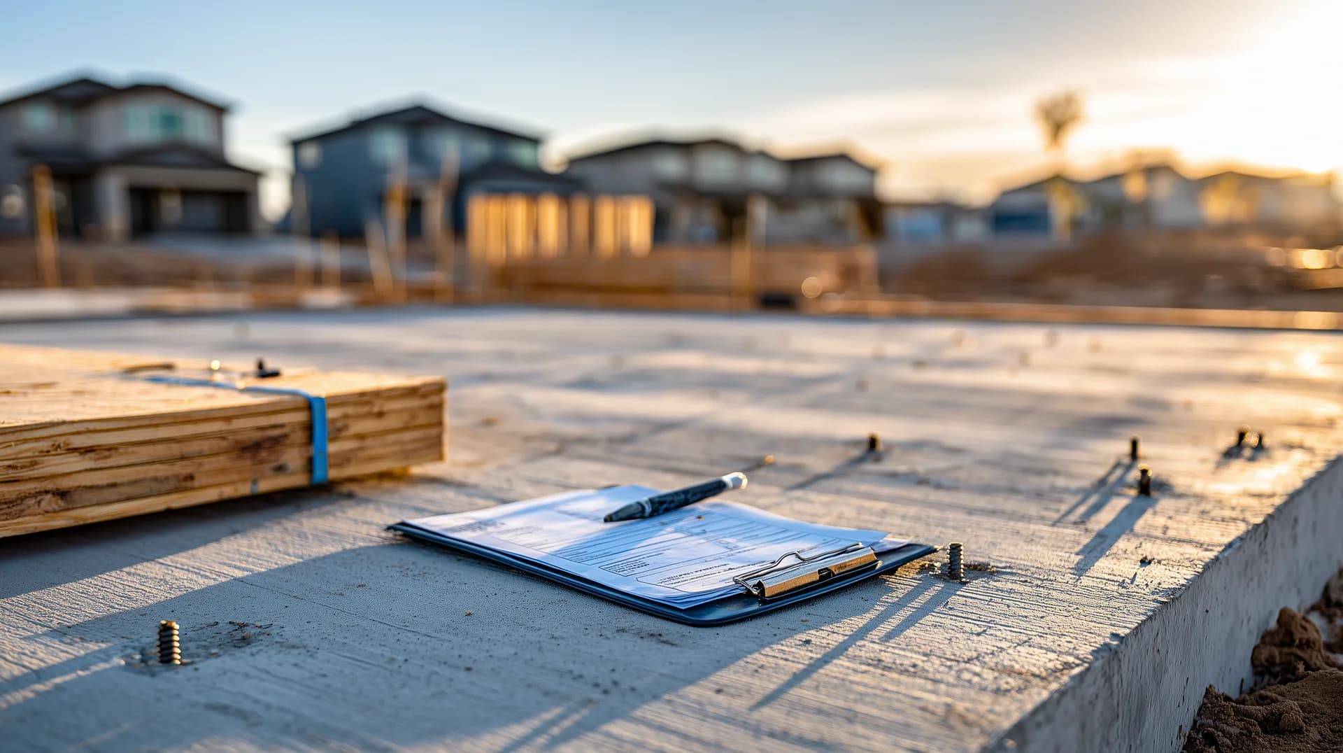 Clipboard with contract documents on a concrete slab foundation at sunset
