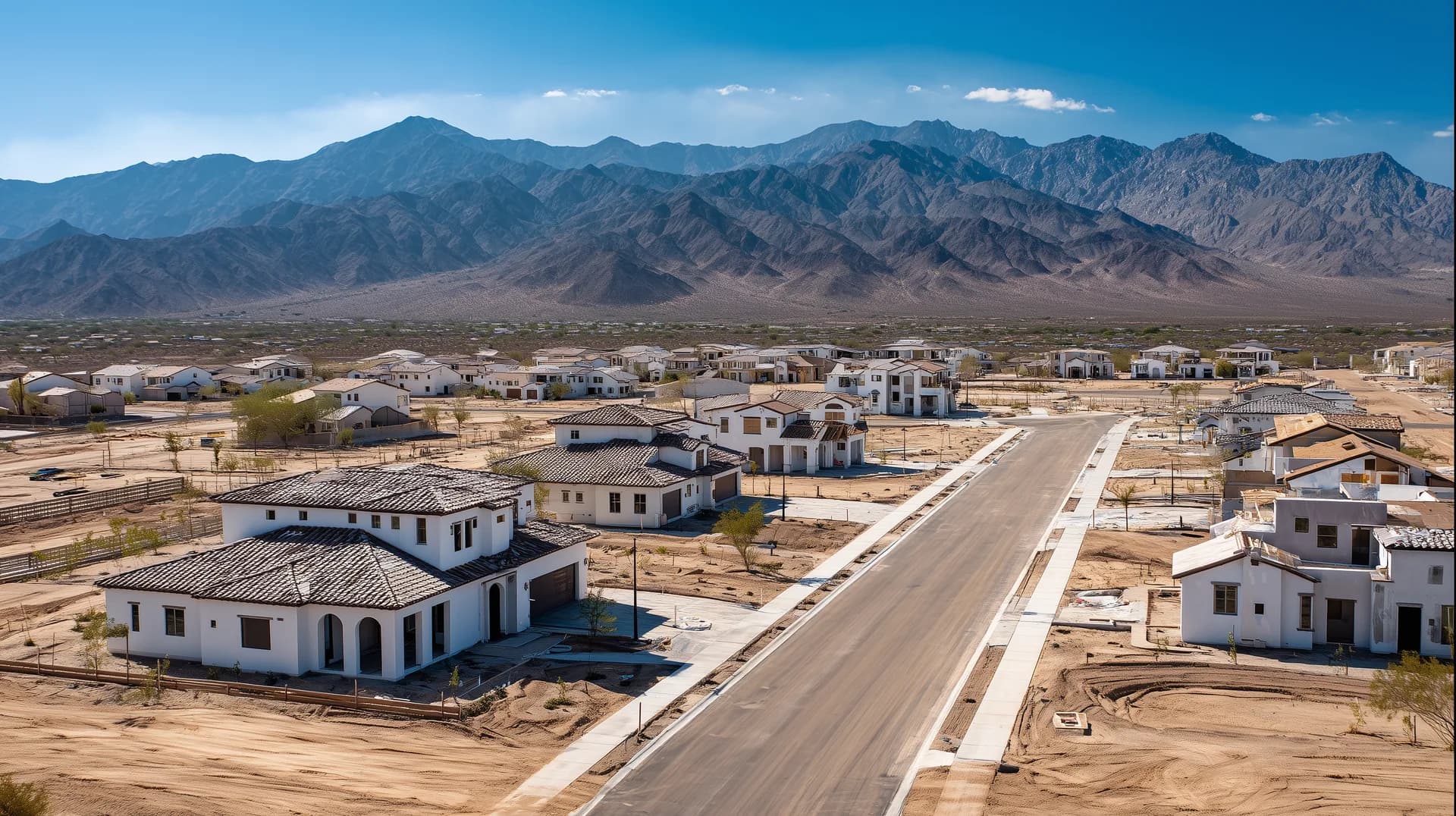 Aerial view of a sparse desert new construction community with completed homes and mountains