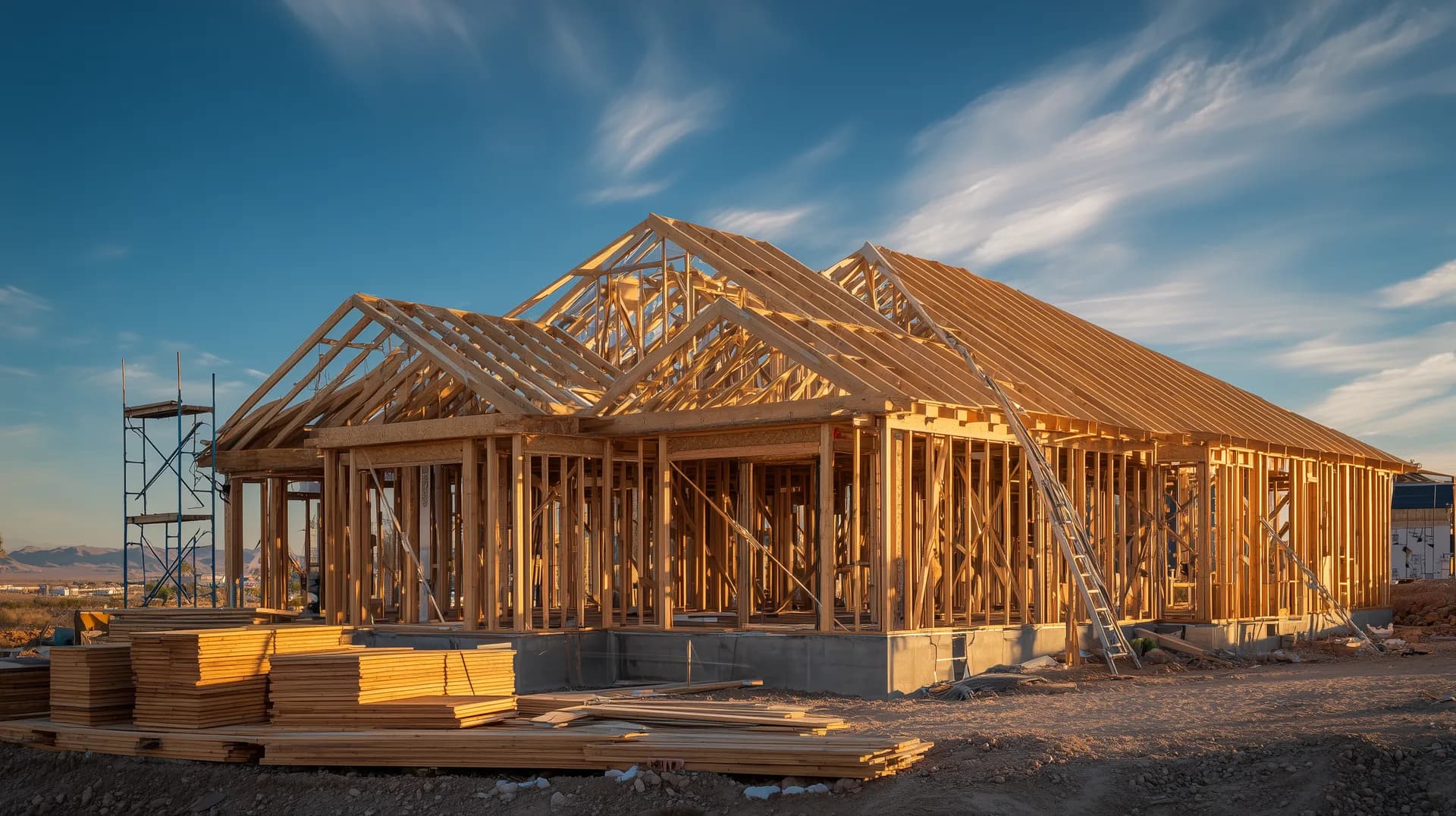 New construction home at mid-framing stage with exposed roof trusses in golden hour light