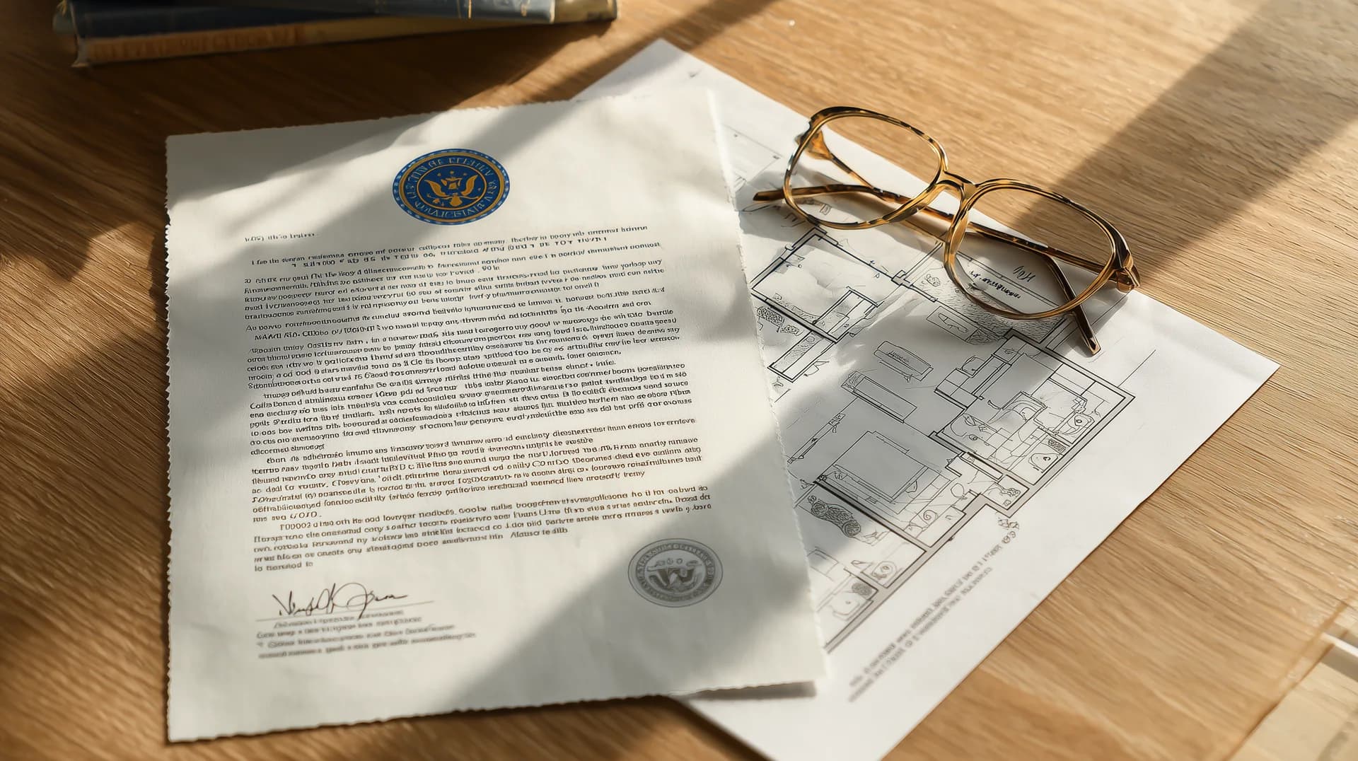 VA loan pre-approval letter with government seal on oak desk alongside floor plan drawings