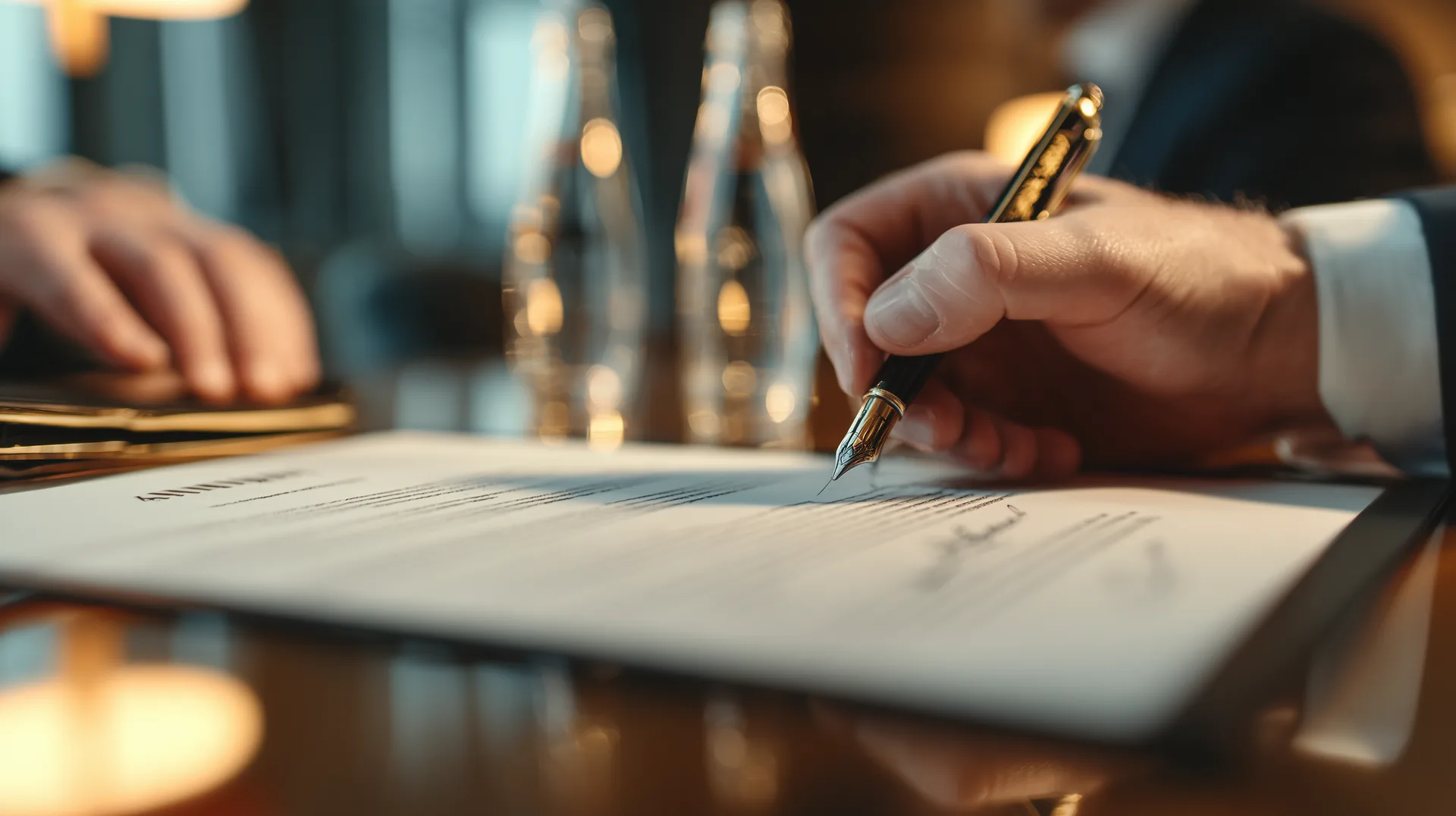 Hand signing formal document at a title company closing table
