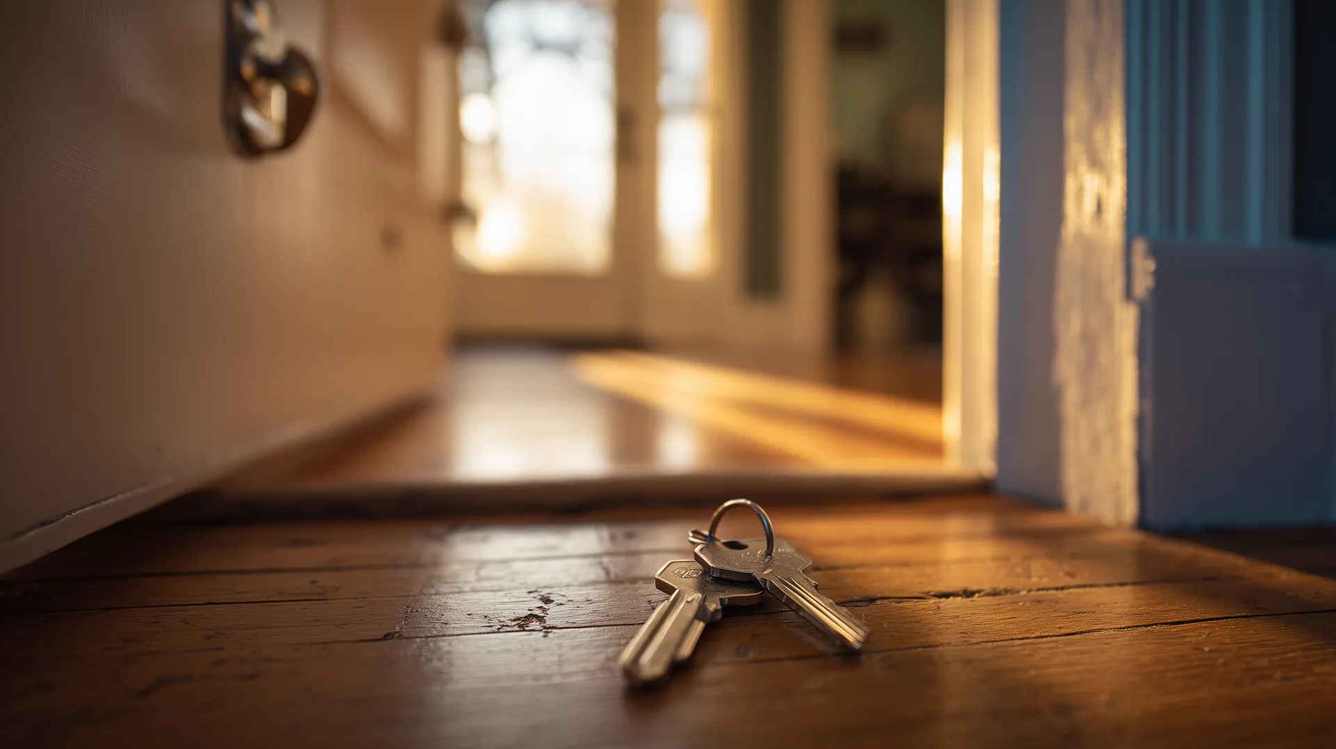 New house keys with leather keychain resting on hardwood floor inside open front door