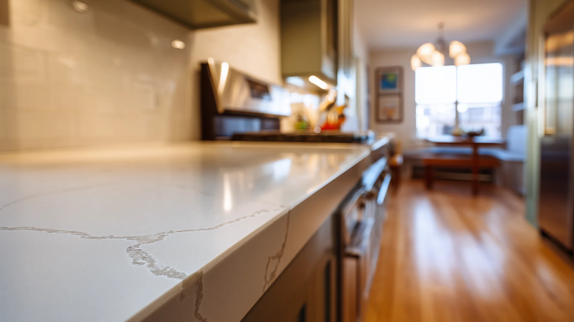 Close-up of freshly installed quartz countertop edge on a kitchen island