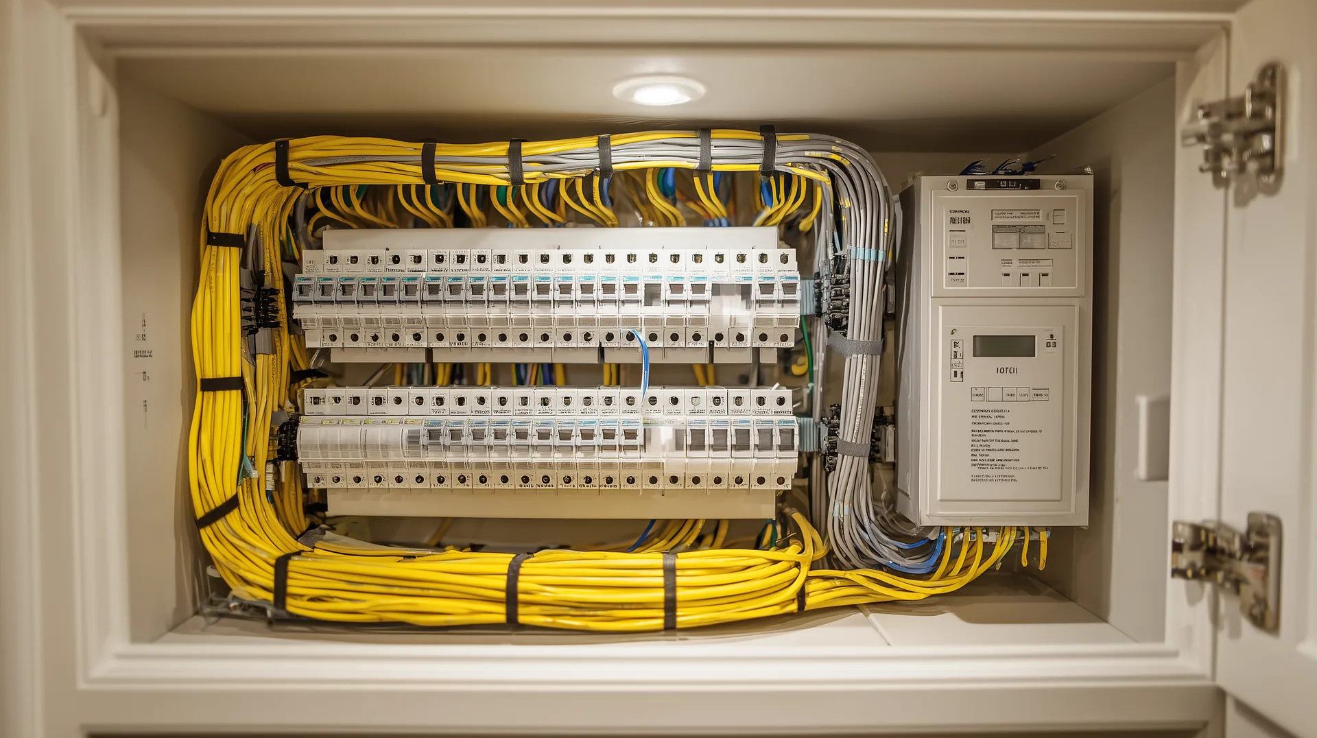 Structured wiring panel with Cat6 Ethernet cables in a home utility closet