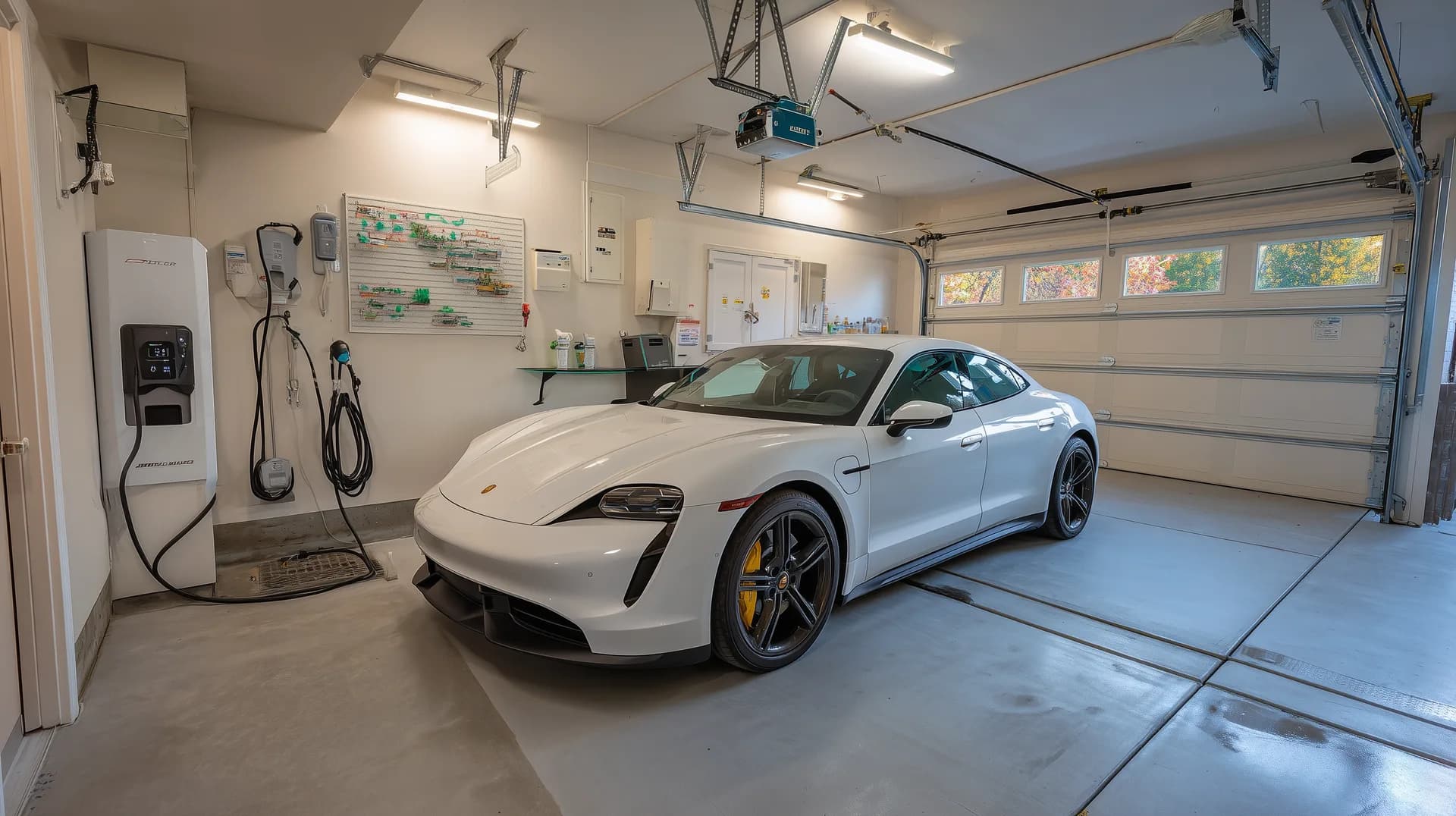 New construction garage with wall-mounted EV charger and electric vehicle
