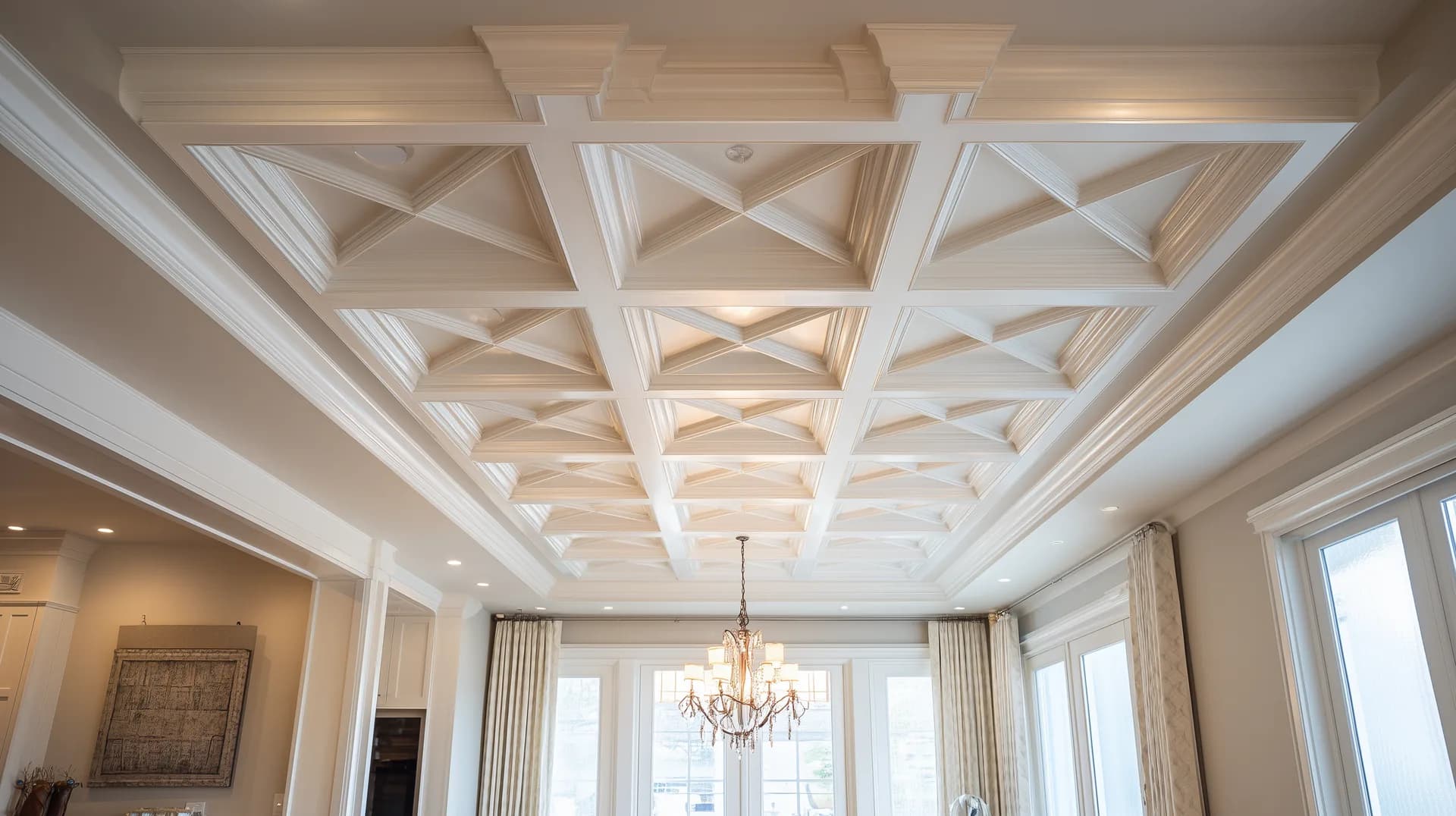 Coffered ceiling with recessed lighting in a new construction great room