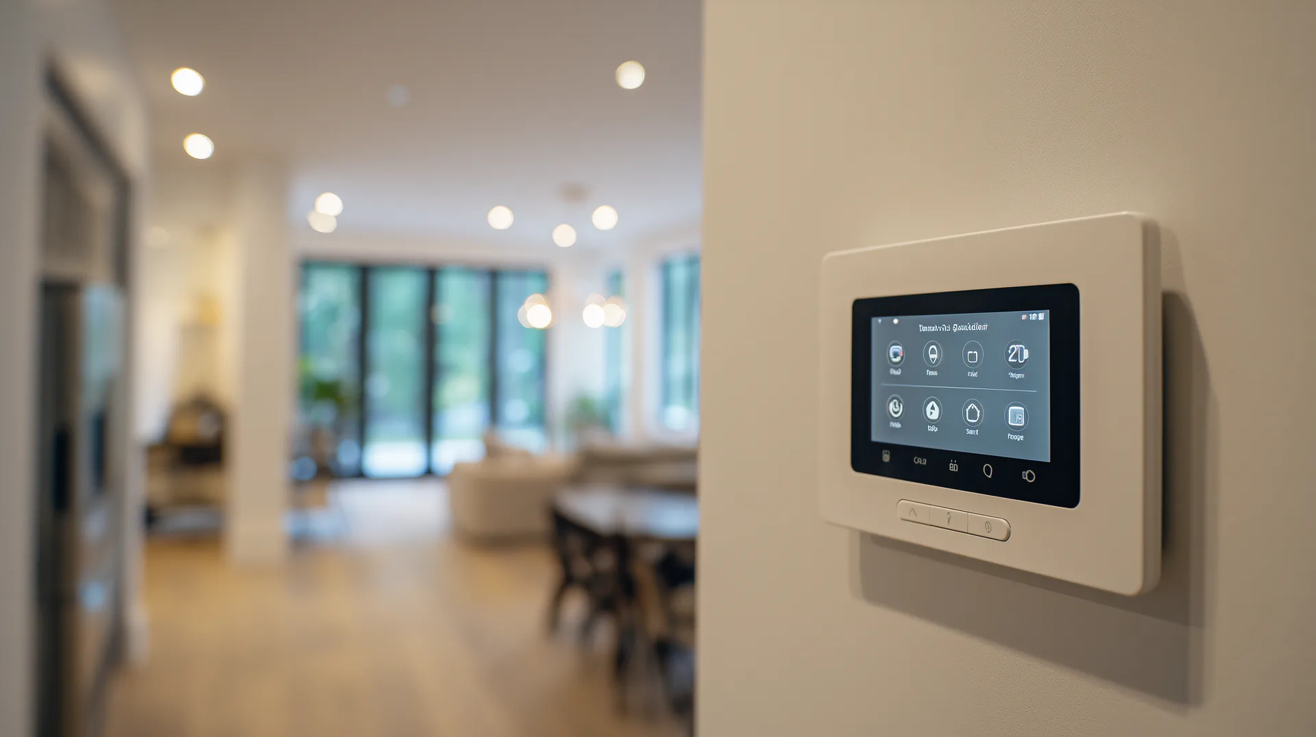 Wall-mounted touchscreen smart home control panel in a new construction home