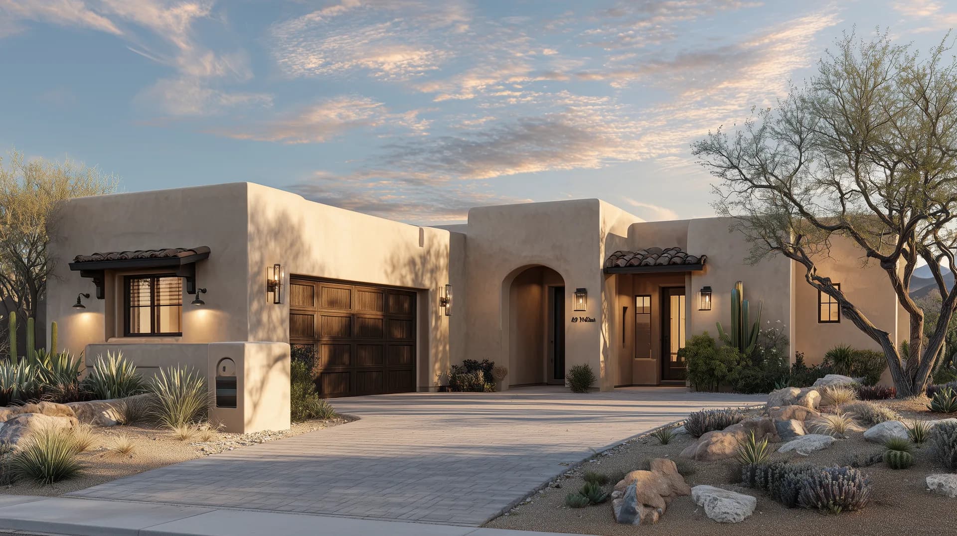 Street-level view of a Southwestern new construction home with desert landscaping at golden hour