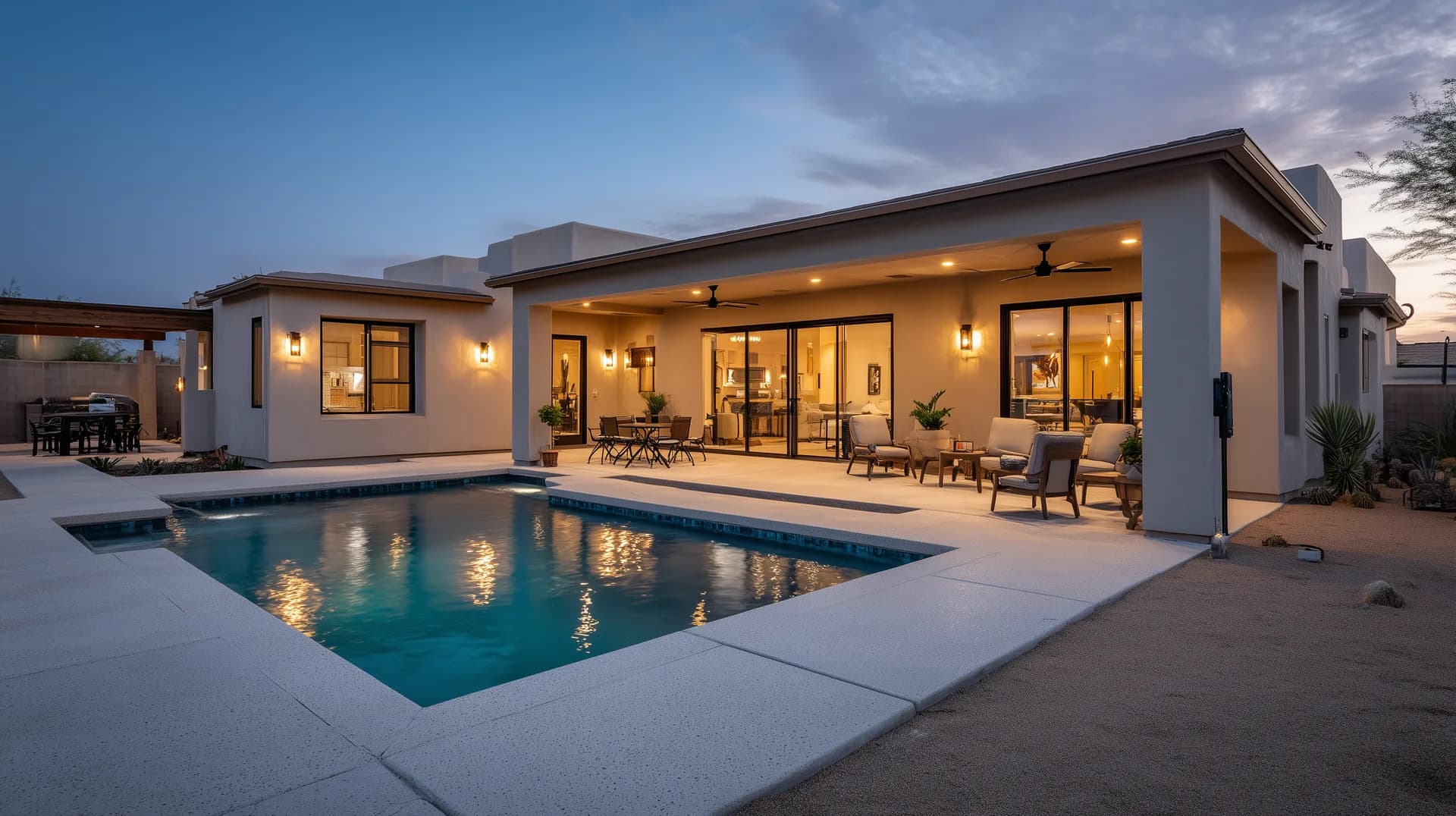 Backyard of a new construction desert home at dusk with lit swimming pool and covered patio