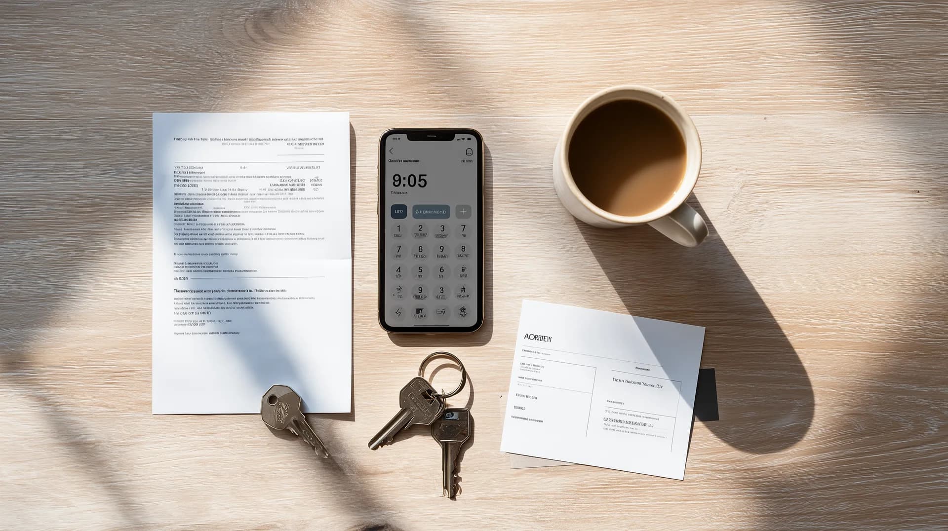 Overhead flat-lay of smartphone calculator house keys and loan documents on kitchen table