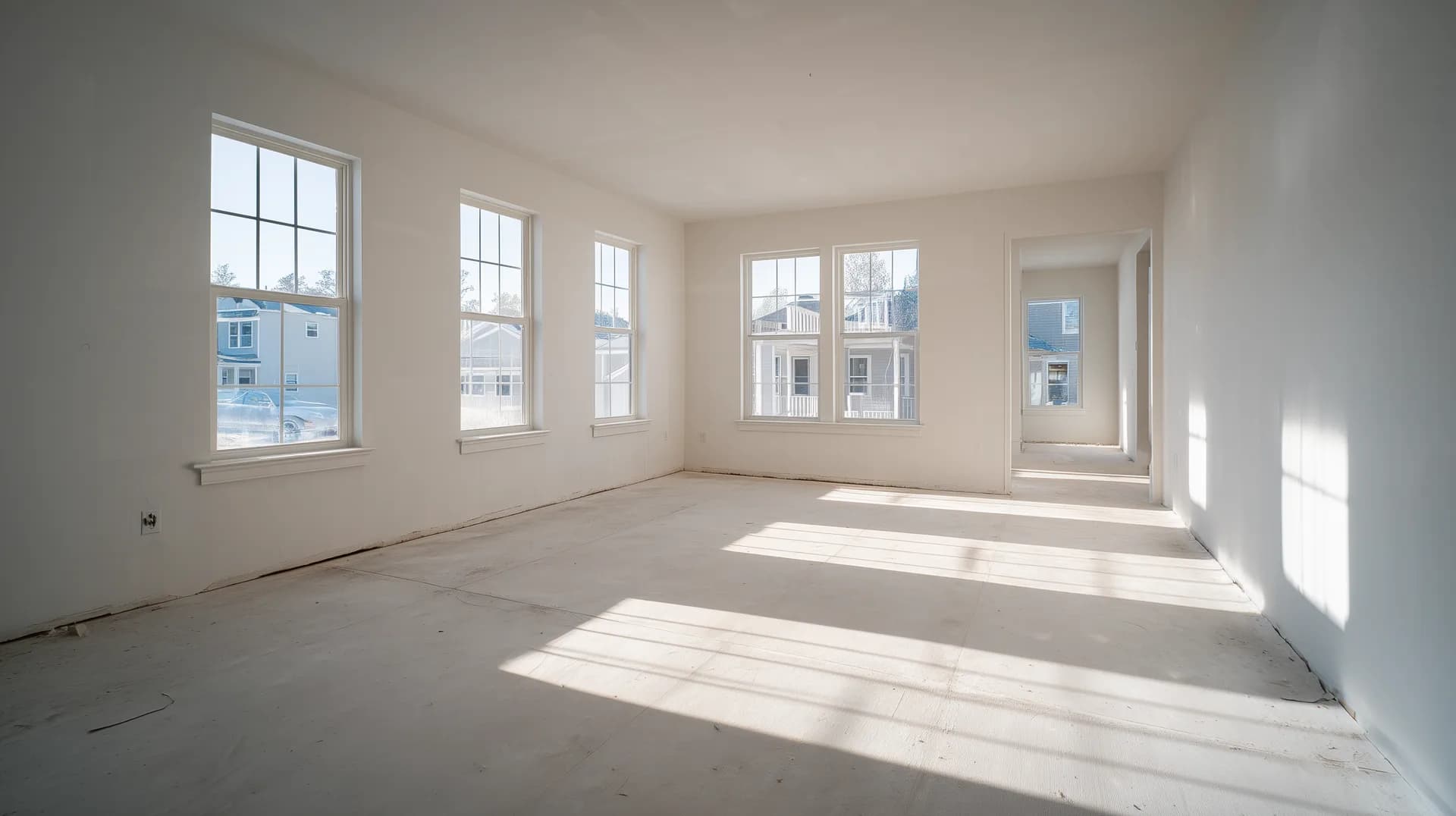 Empty new construction living room with bare windows and no window coverings