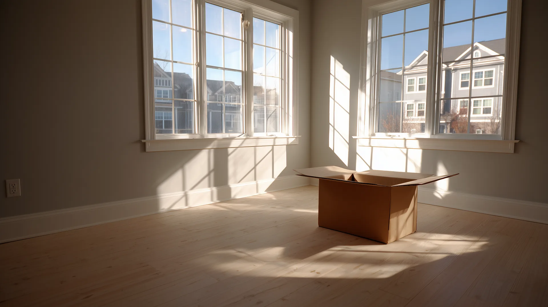 Bare bedroom window flooding with sunlight in a new construction home with moving box on floor