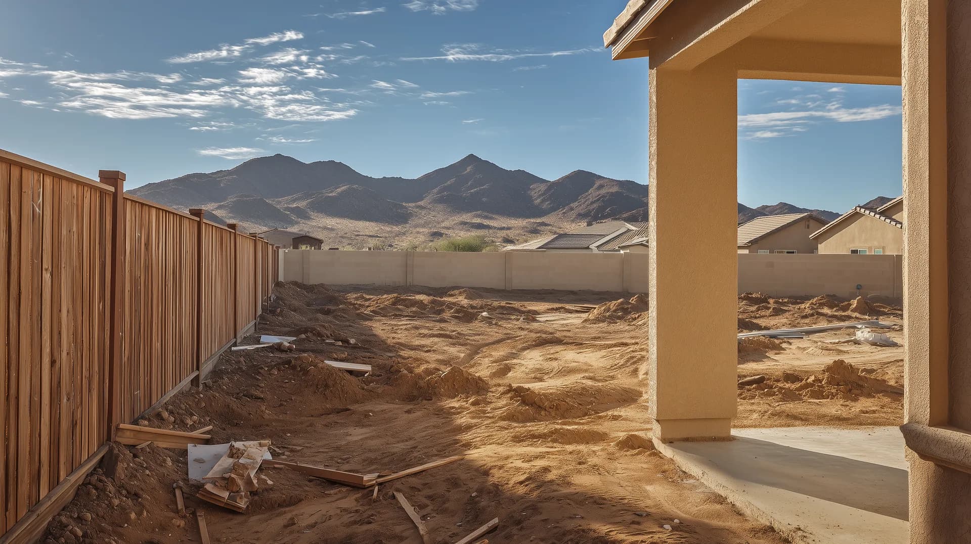 Raw unlandscaped desert backyard behind a newly built home with mountains in the background