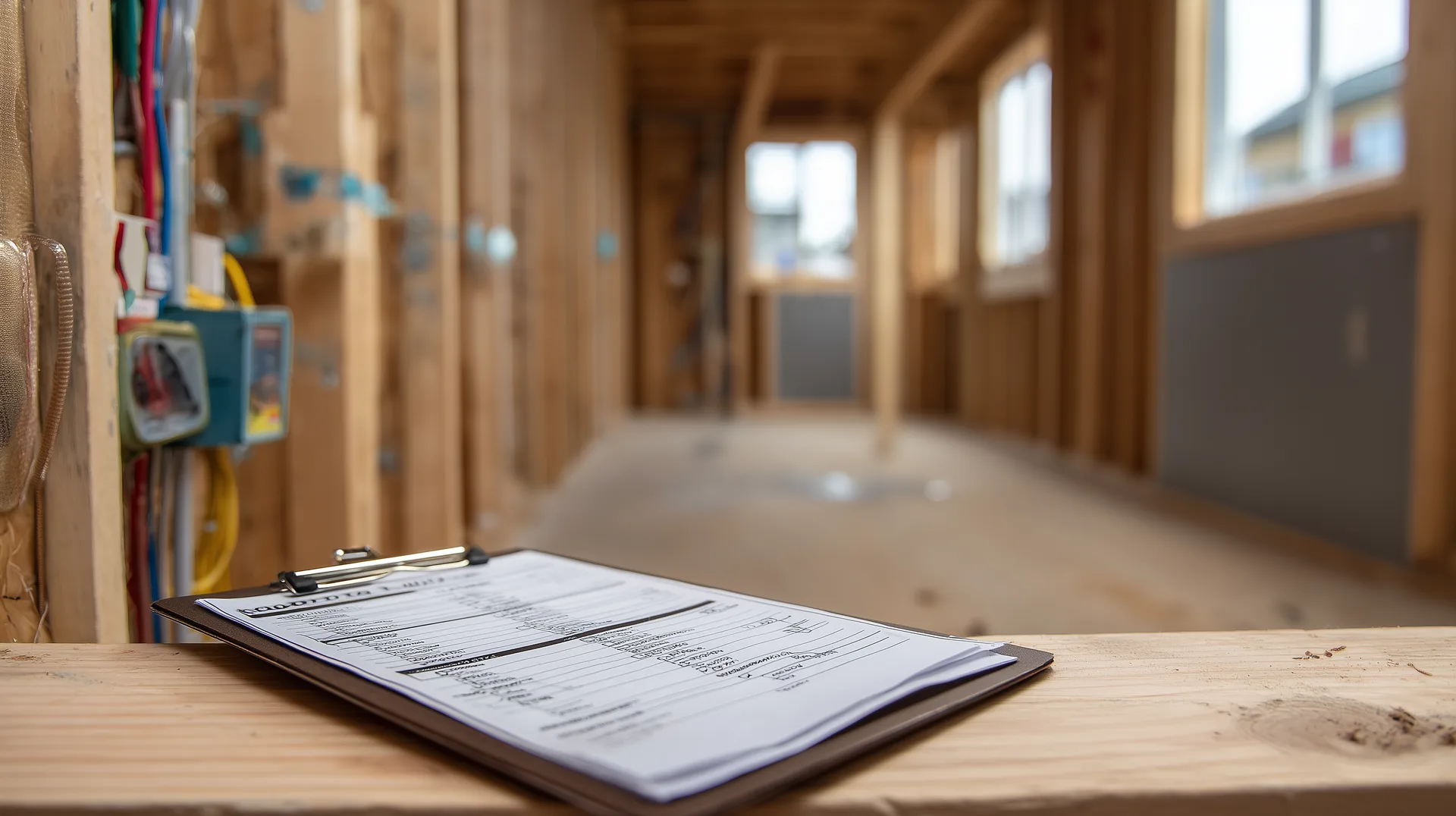 Inspector clipboard with checklist resting on wood beam inside a framed house