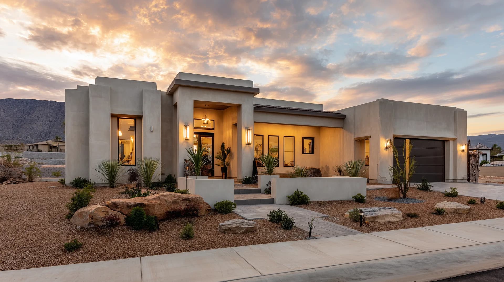Completed new construction home with desert Southwest exterior at golden hour
