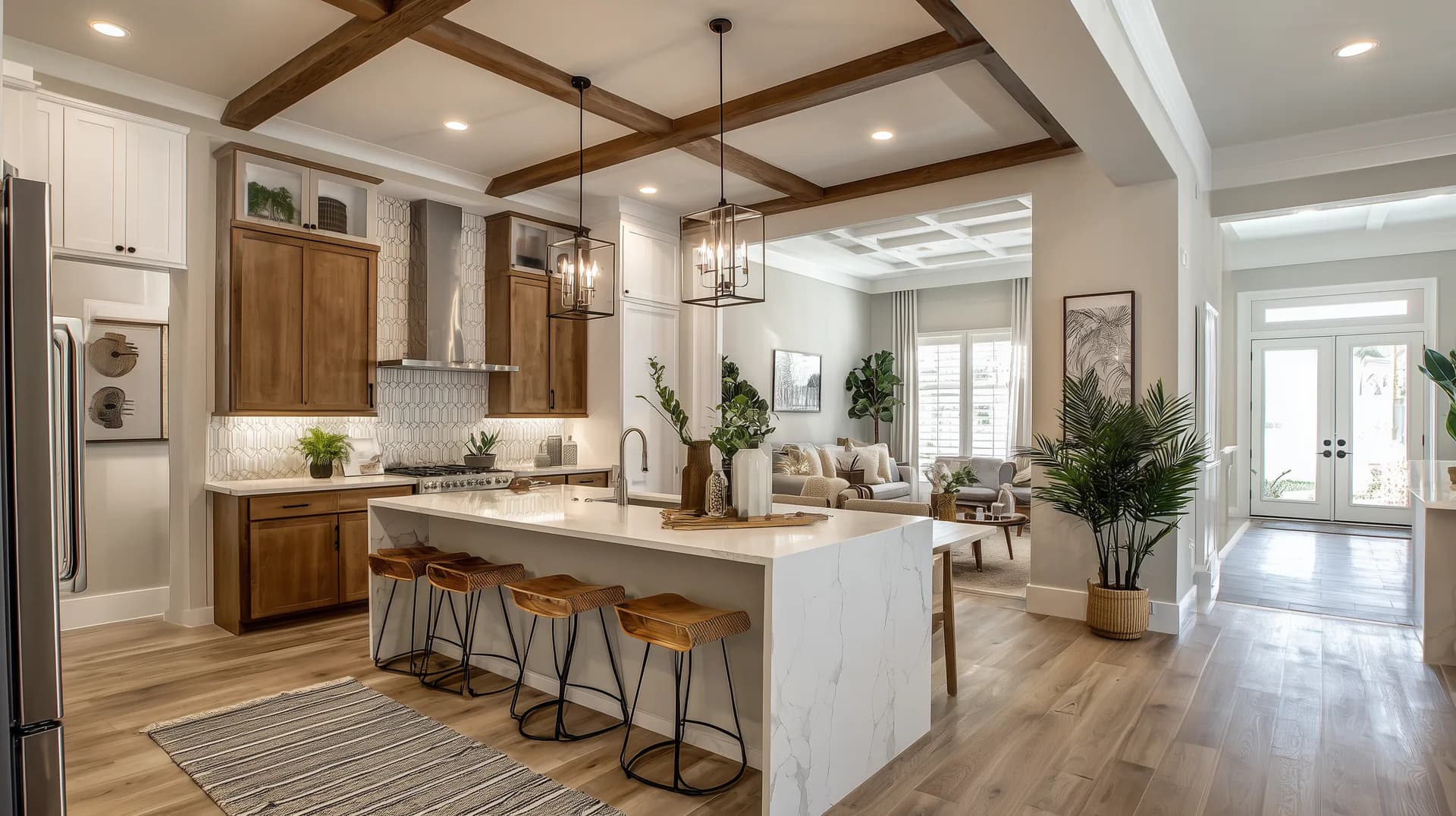 Upgraded model kitchen with marble island herringbone backsplash and pendant lighting