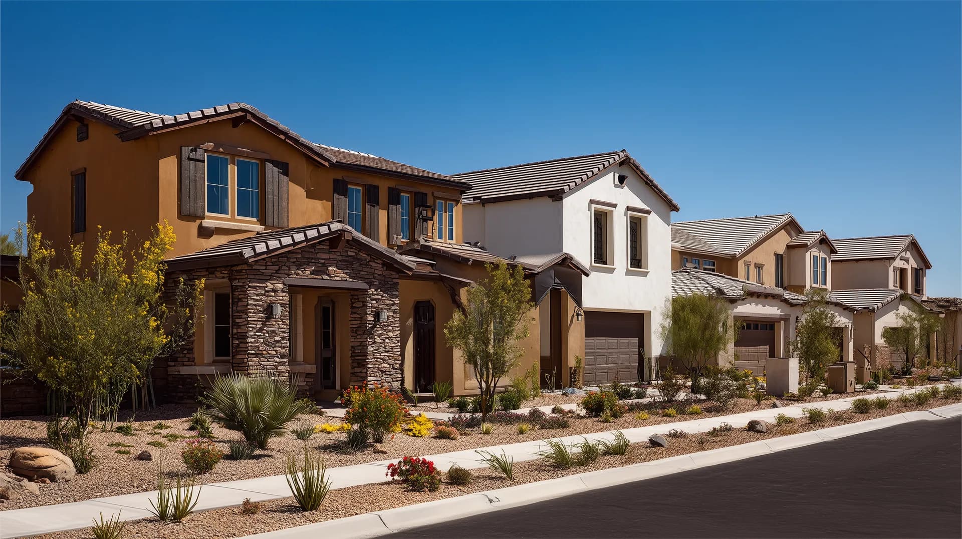 Row of new construction model homes with desert landscaping along a community street