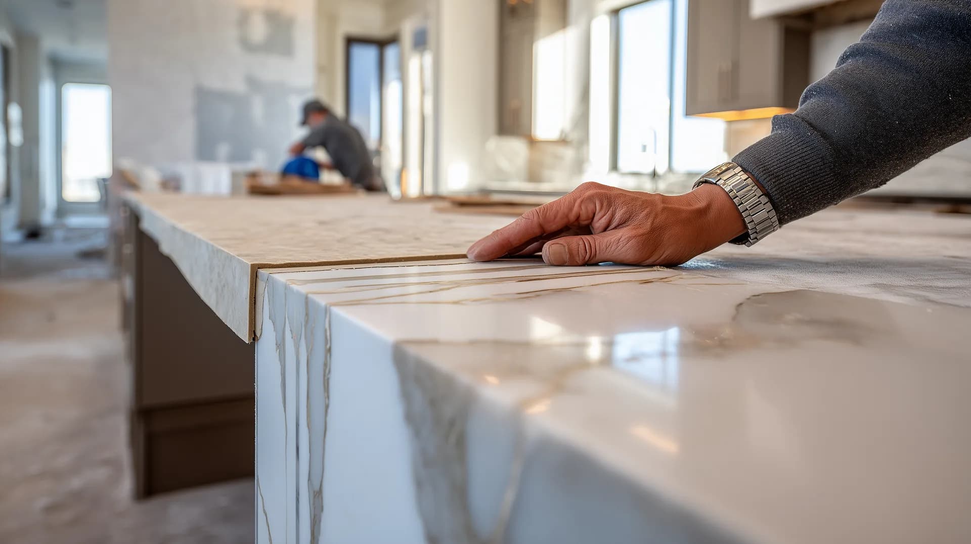 Waterfall quartz kitchen island being installed in a new construction home