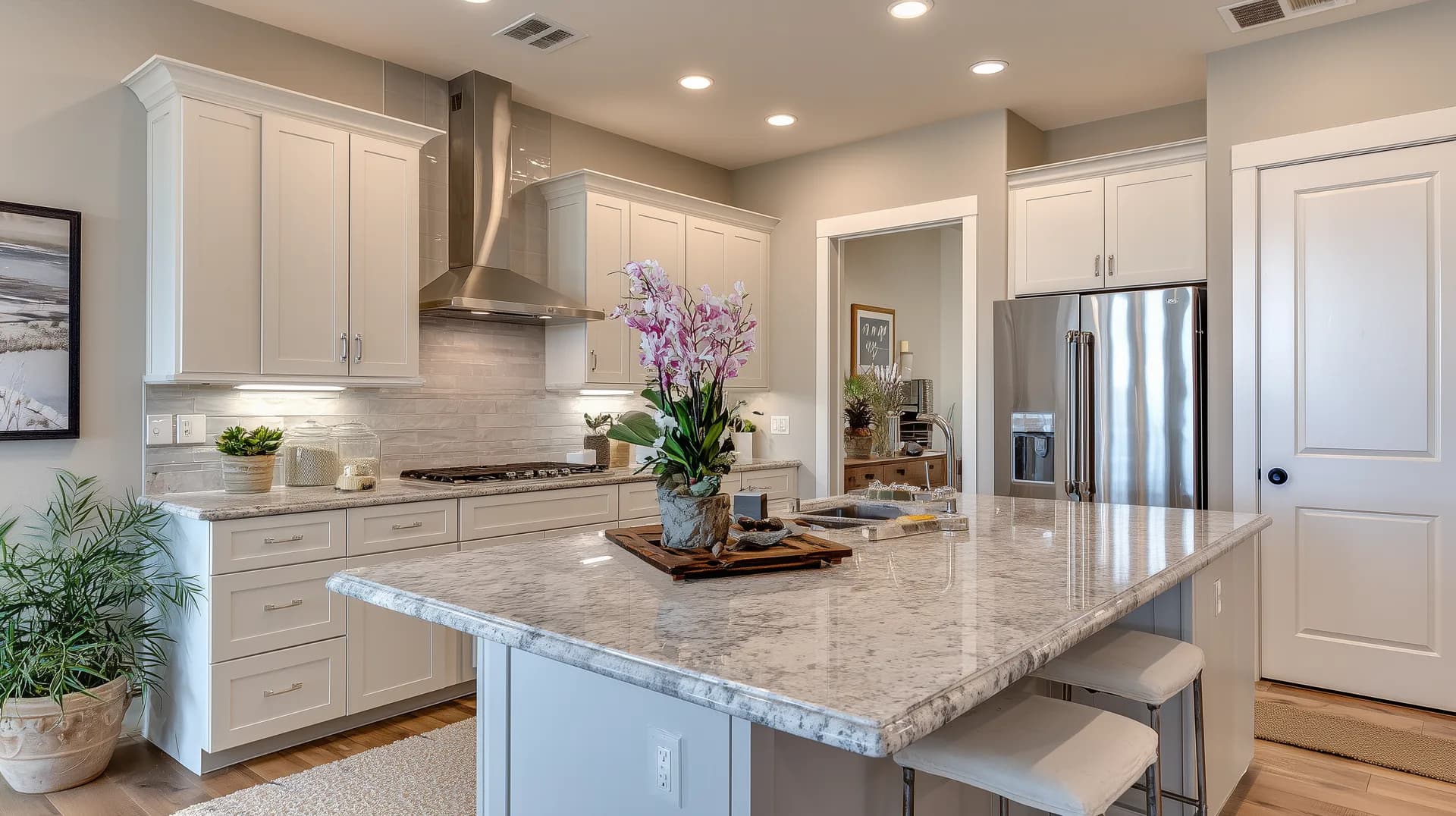 Standard builder-grade new construction kitchen with white shaker cabinets and granite countertops