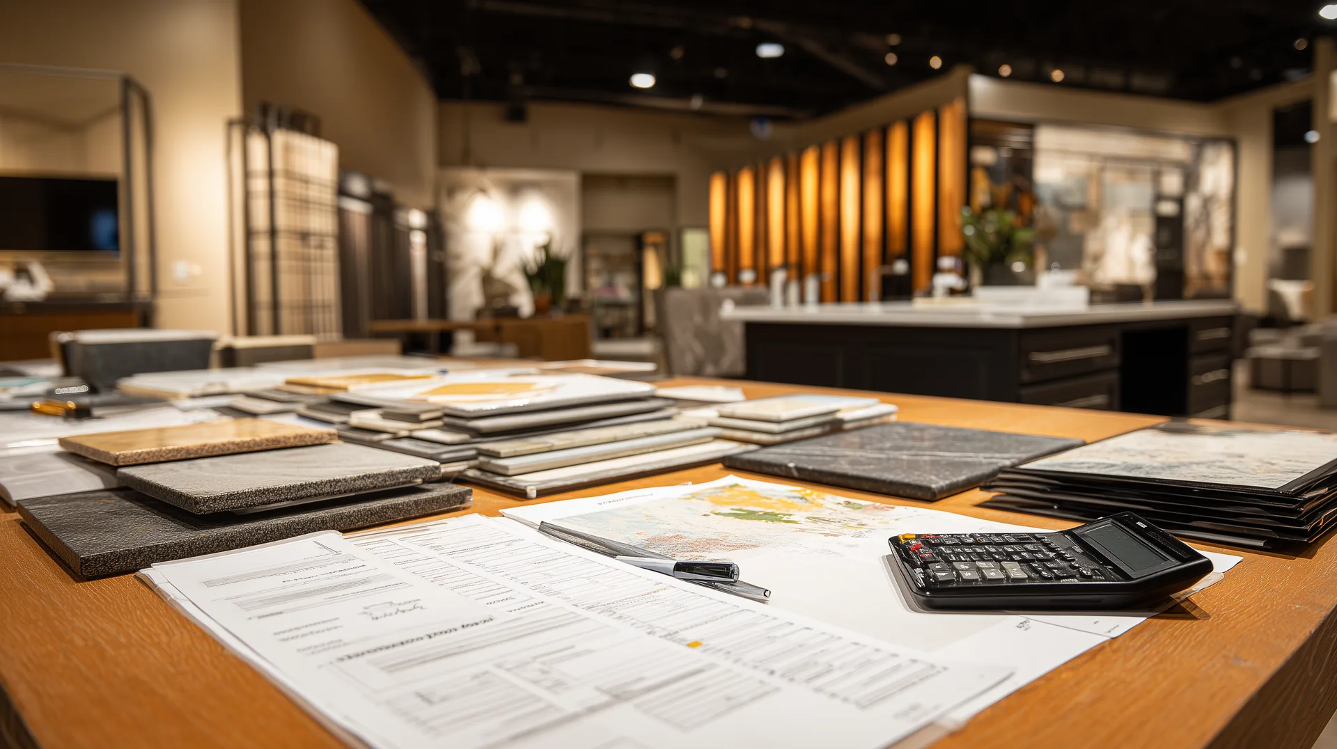 Builder design center table with material samples pricing sheets and calculator
