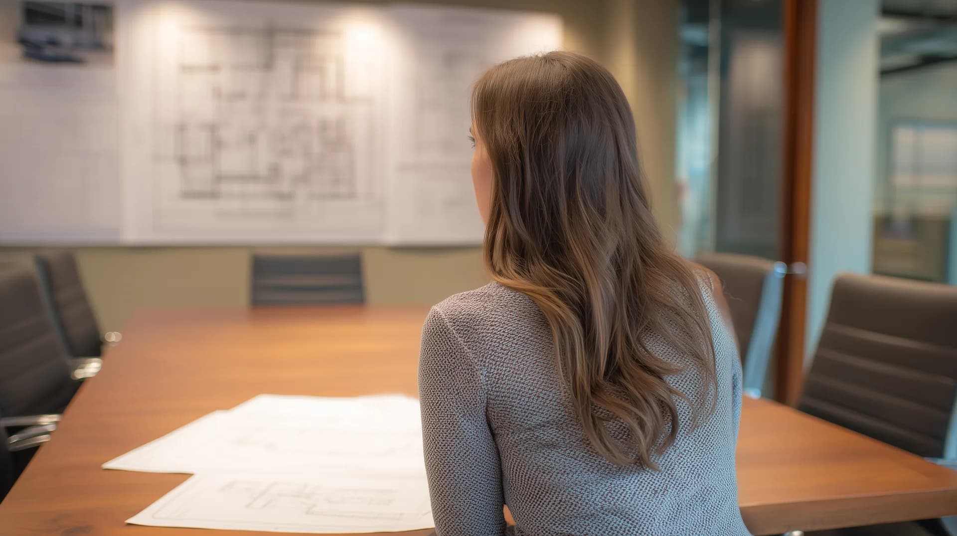 Professional woman reviewing floor plan drawings at a conference table